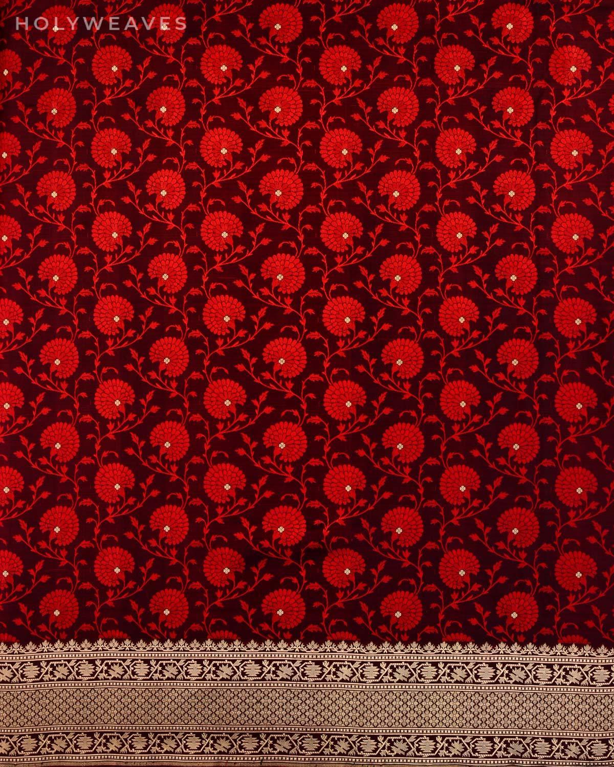 Red on Maroon Banarasi Zari Buti Tanchoi Brocade Handwoven Katan Silk Saree - By HolyWeaves, Benares