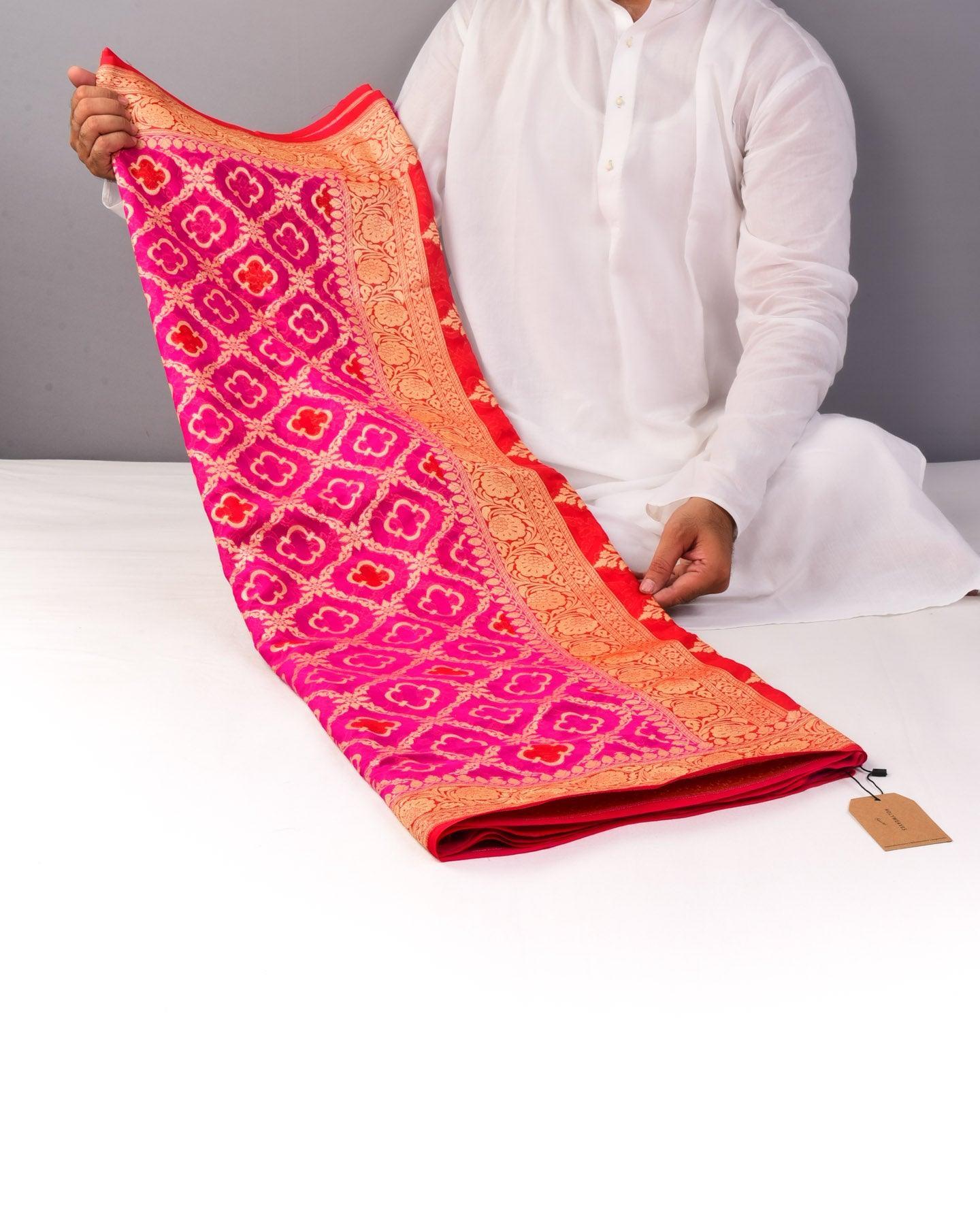 Red on Pink Banarasi Jharokha Hand-Brush Dye Cutwork Brocade Handwoven Khaddi Georgette Saree - By HolyWeaves, Benares