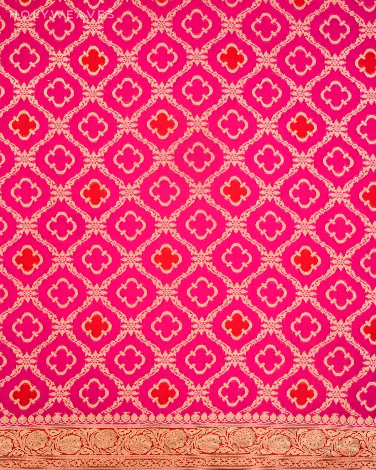 Red on Pink Banarasi Jharokha Hand-Brush Dye Cutwork Brocade Handwoven Khaddi Georgette Saree - By HolyWeaves, Benares