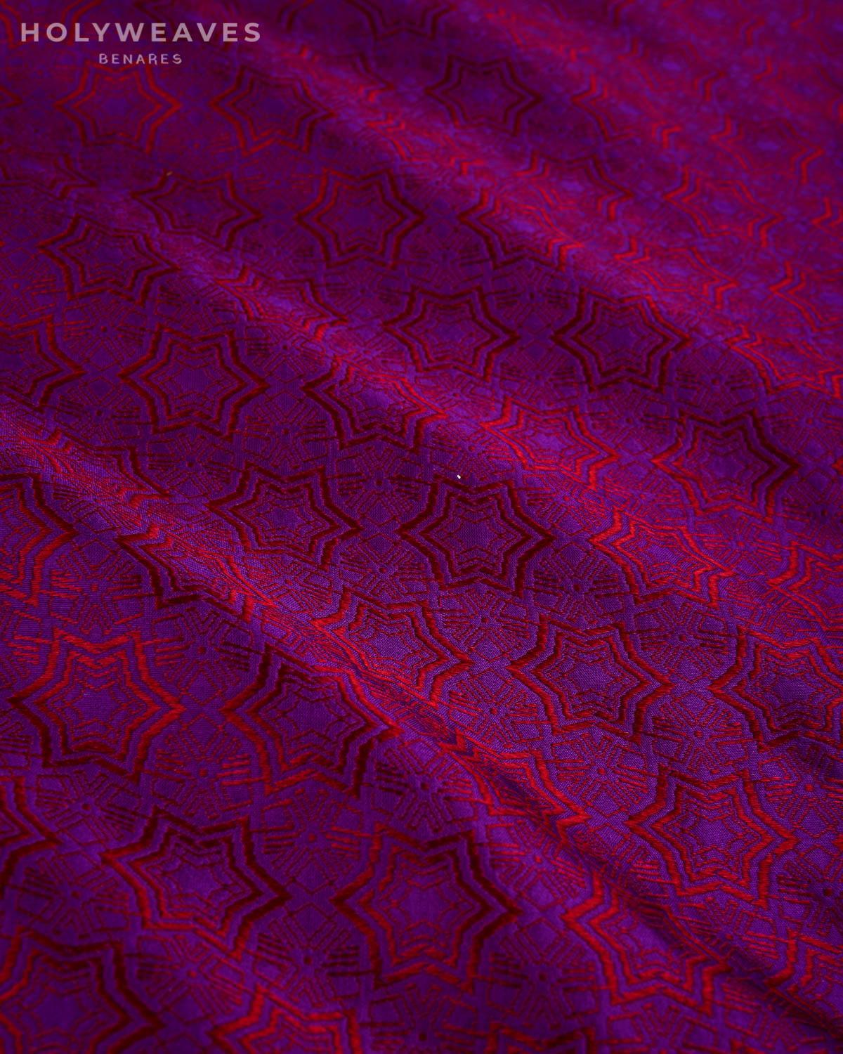 Red on Purple Banarasi Kaleidoscopic Stars Tanchoi Handwoven Katan Silk Fabric - By HolyWeaves, Benares