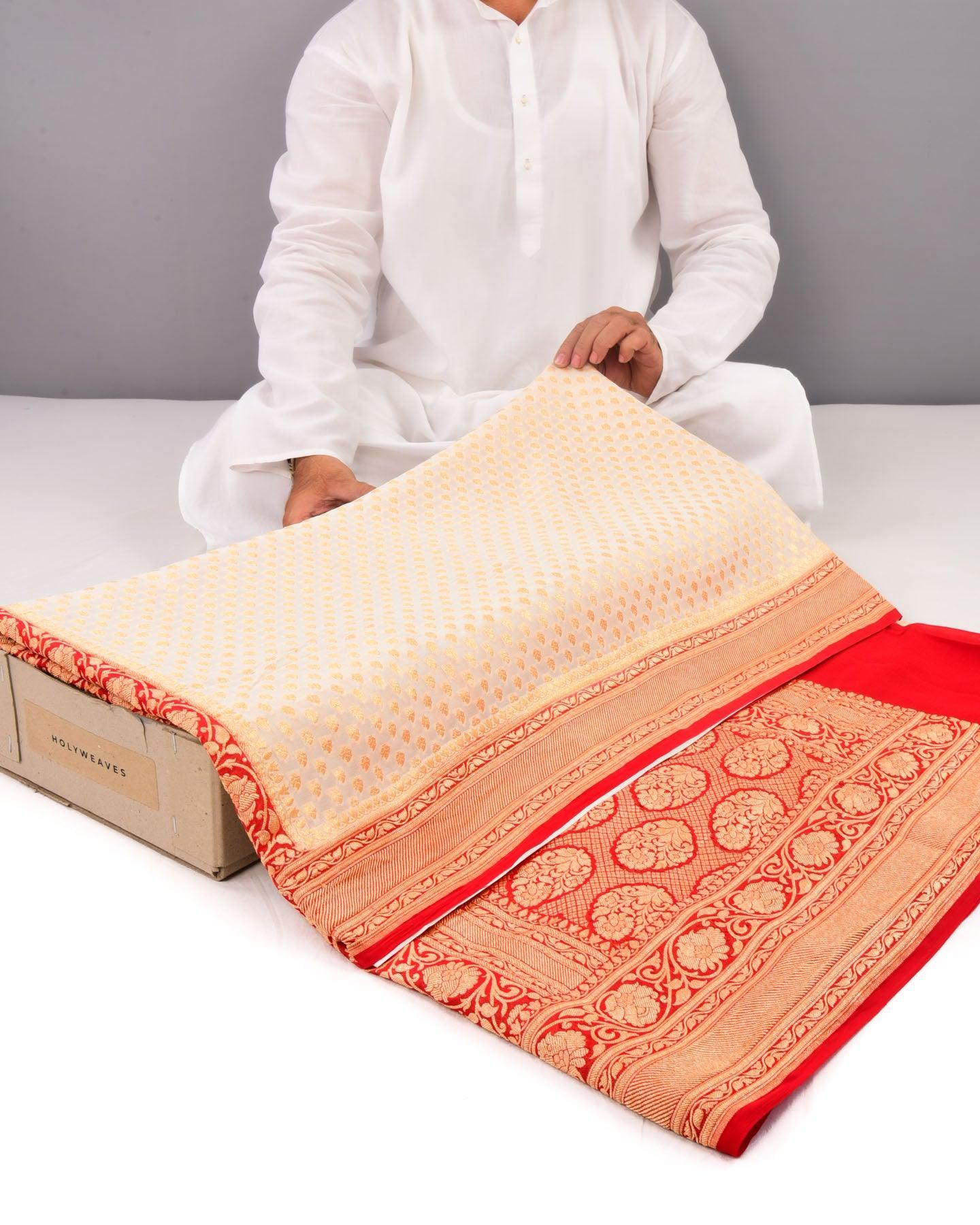 Red on White Banarasi Ghani Buti Cutwork Brocade Handwoven Khaddi Georgette Saree with Contrast Red Border Pallu - By HolyWeaves, Benares