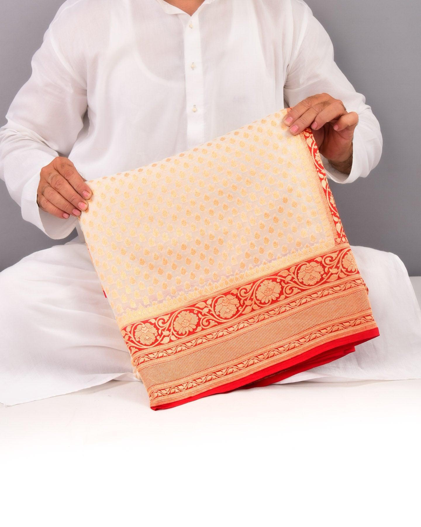 Red on White Banarasi Ghani Buti Cutwork Brocade Handwoven Khaddi Georgette Saree with Contrast Red Border Pallu - By HolyWeaves, Benares