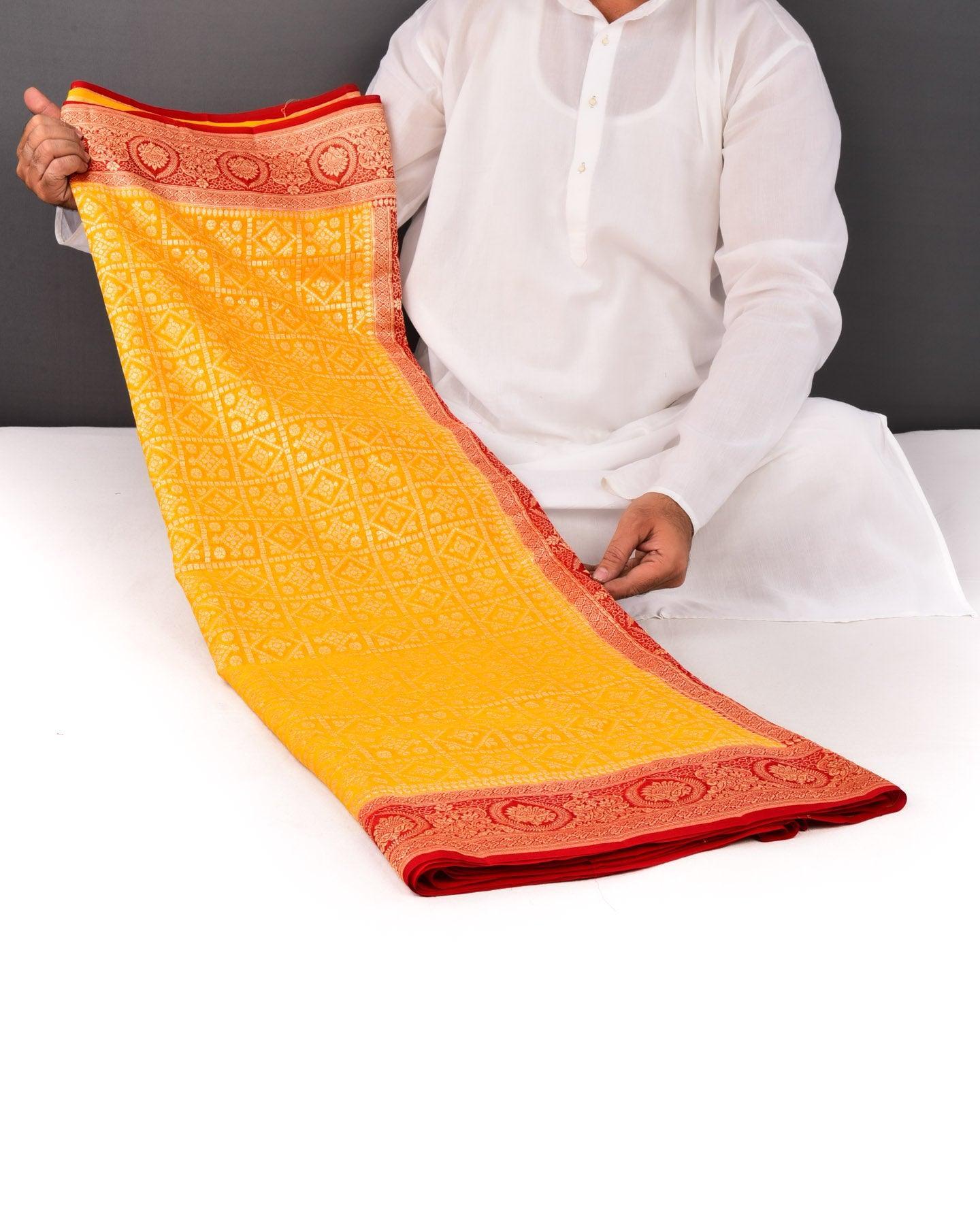 Red on Yellow Banarasi Gharchola Cutwork Brocade Handwoven Khaddi Georgette Saree - By HolyWeaves, Benares