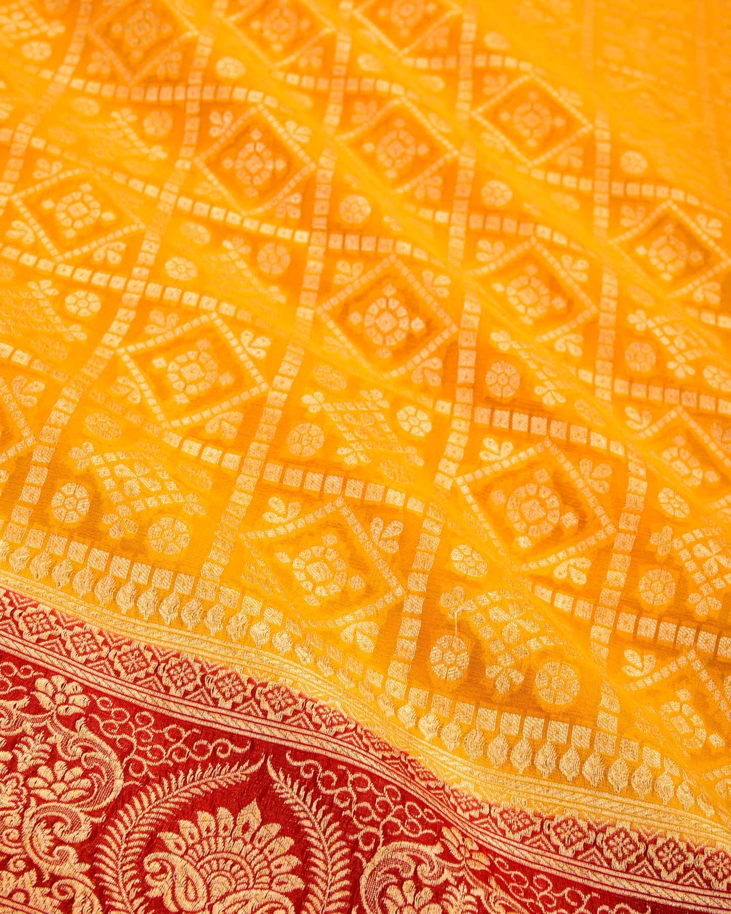 Red on Yellow Banarasi Gharchola Cutwork Brocade Handwoven Khaddi Georgette Saree - By HolyWeaves, Benares