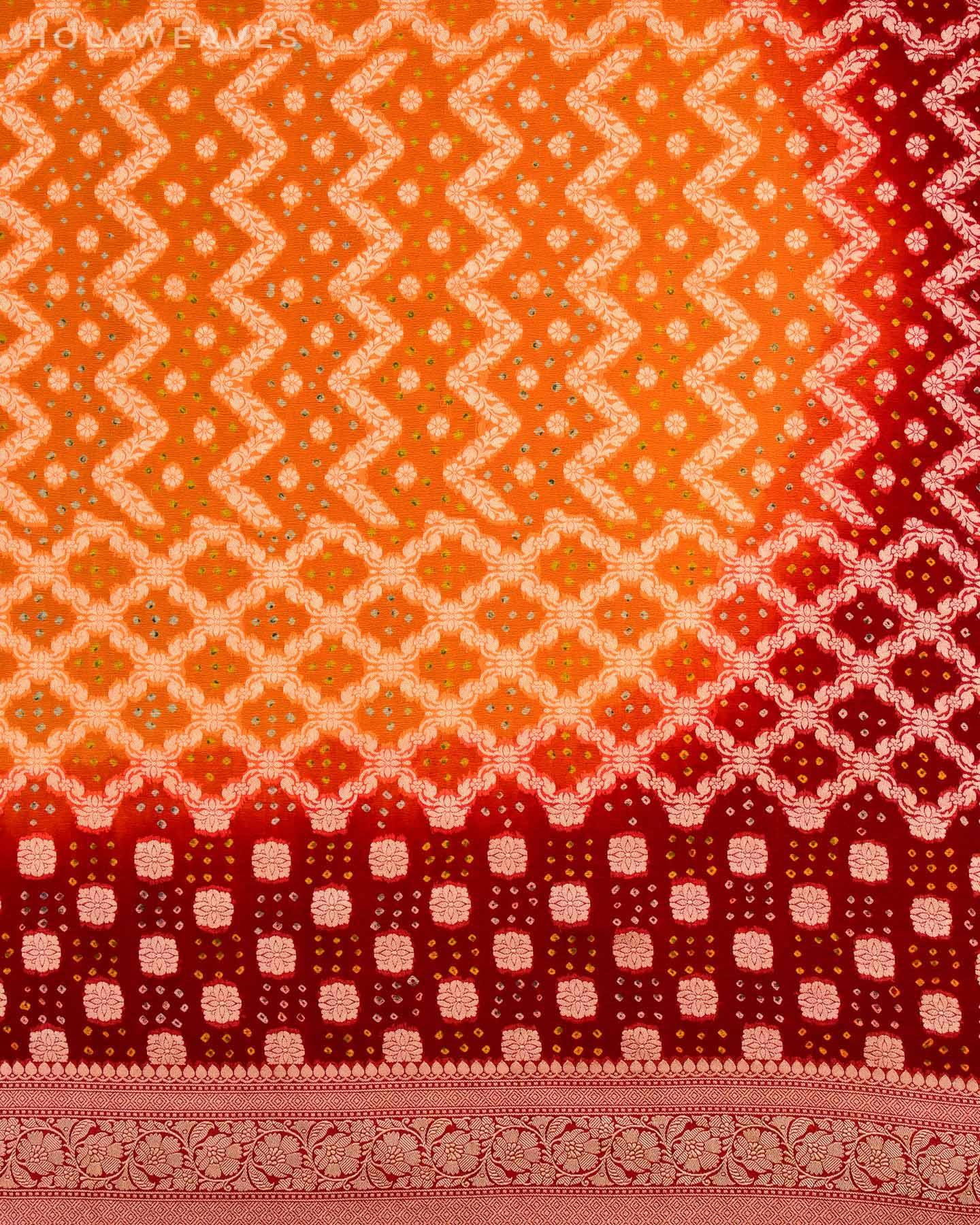 Red-Orange Banarasi Cutwork Brocade Handwoven Khaddi Georgette Dupatta with 2-color Bandhej - By HolyWeaves, Benares