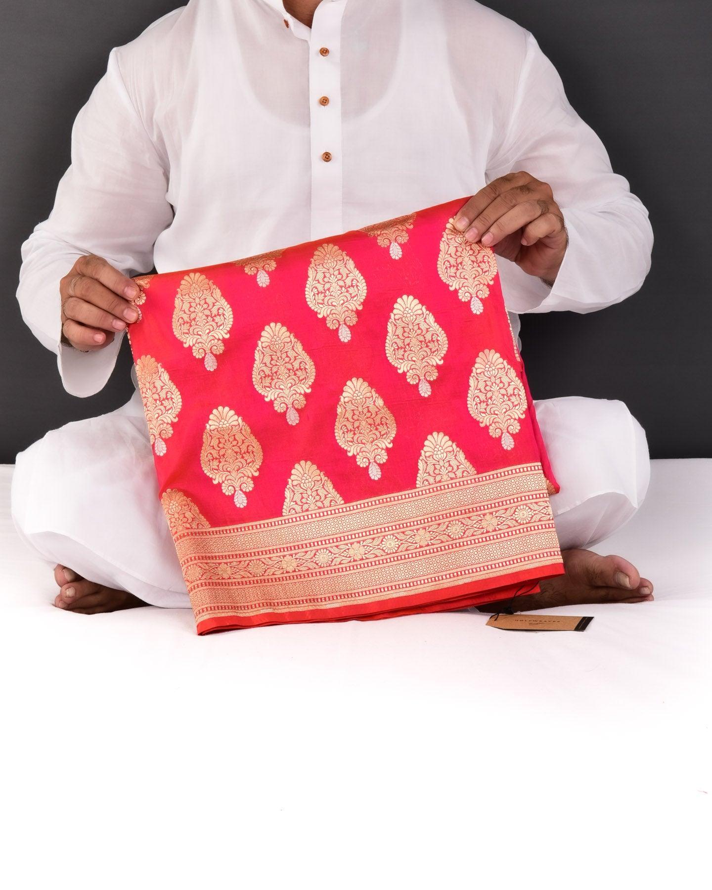 Red Pink Banarasi Alfi Sona Rupa Buta Cutwork Brocade Handwoven Katan Silk Saree - By HolyWeaves, Benares