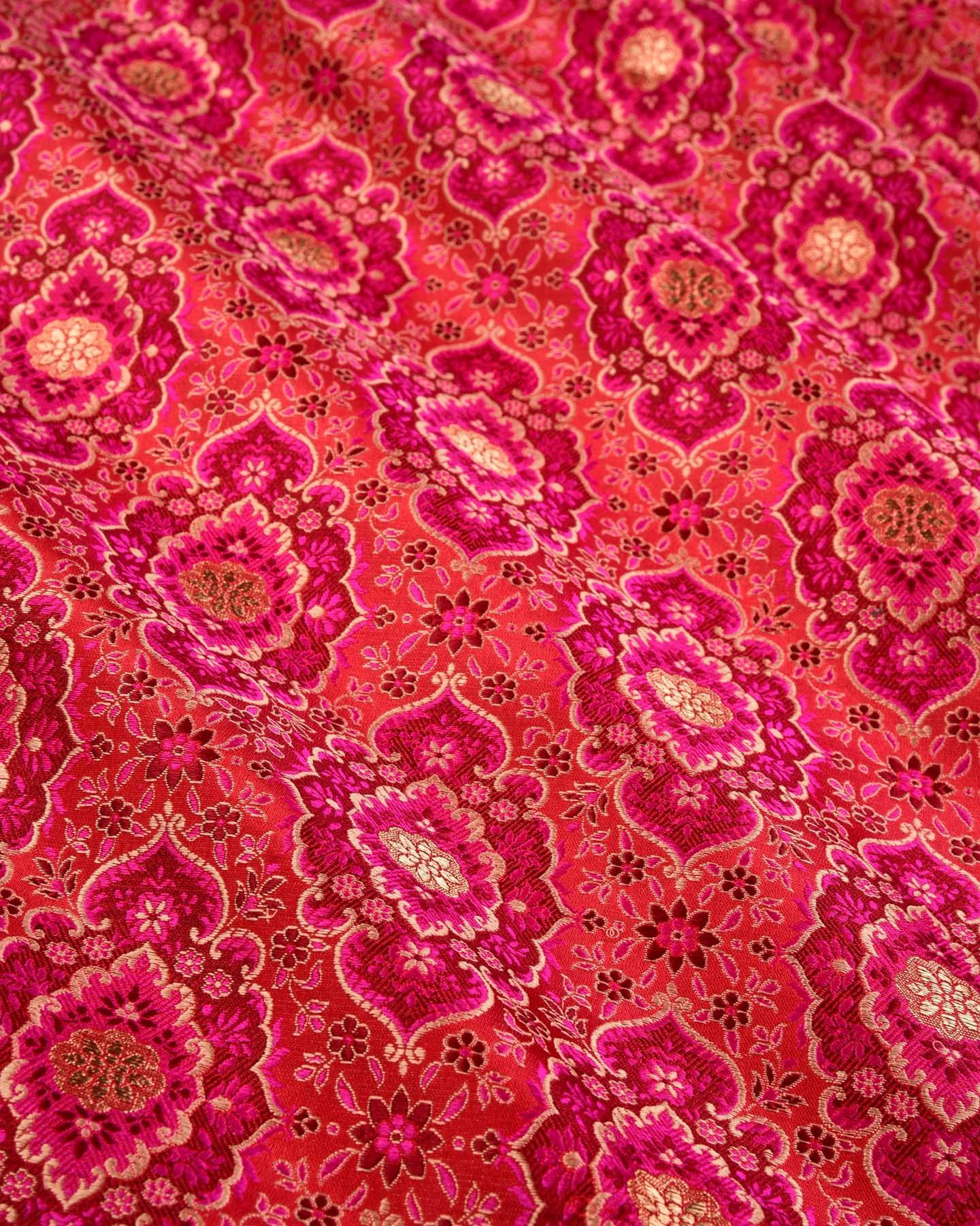 Red-Pink Banarasi Resham Sona Zari Buta Jamawar Handwoven Katan Silk Fabric - By HolyWeaves, Benares