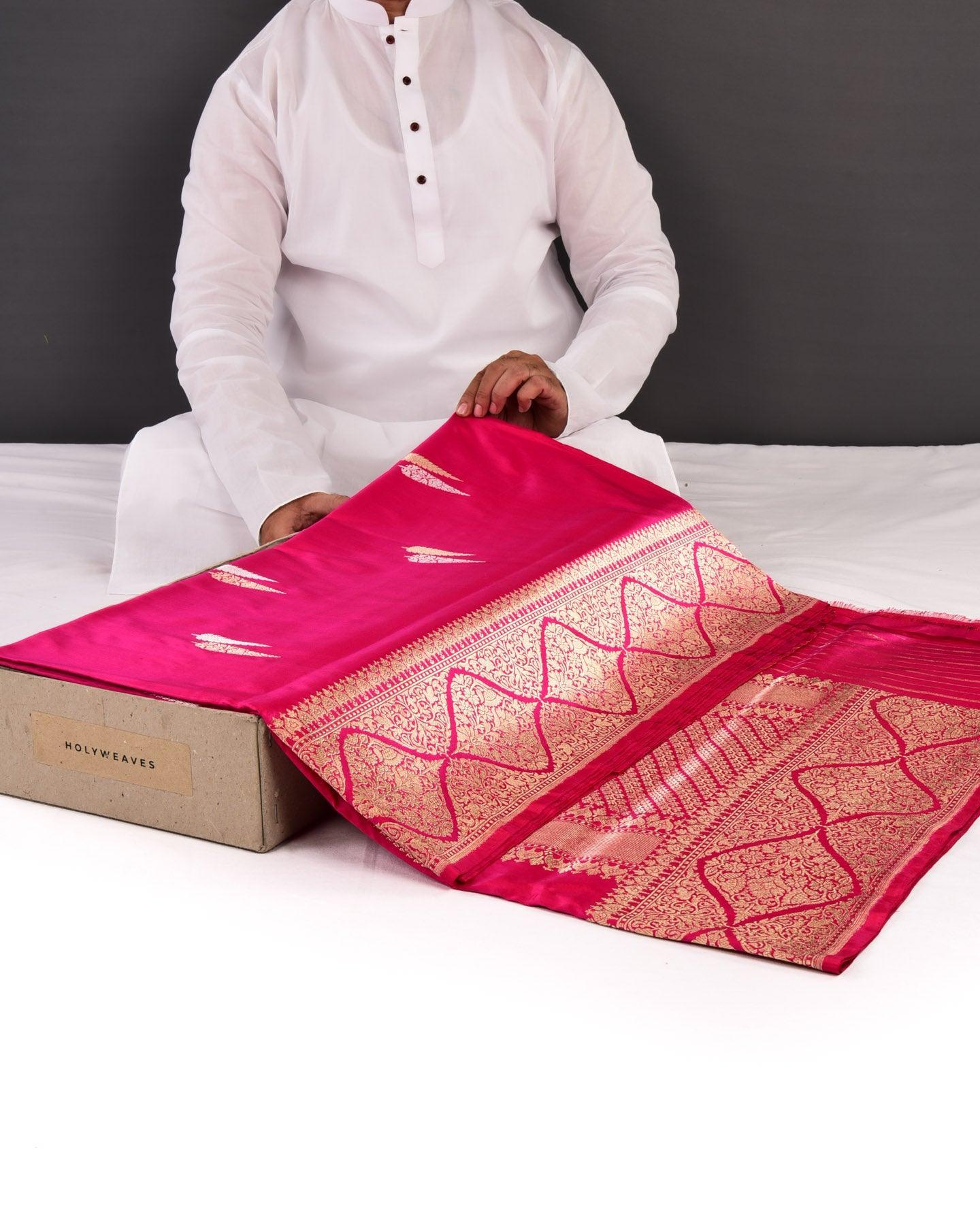 Red-Pink Banarasi Sona-Rupa Deodara Buti Kadhuan Brocade Handwoven Katan Silk Saree - By HolyWeaves, Benares