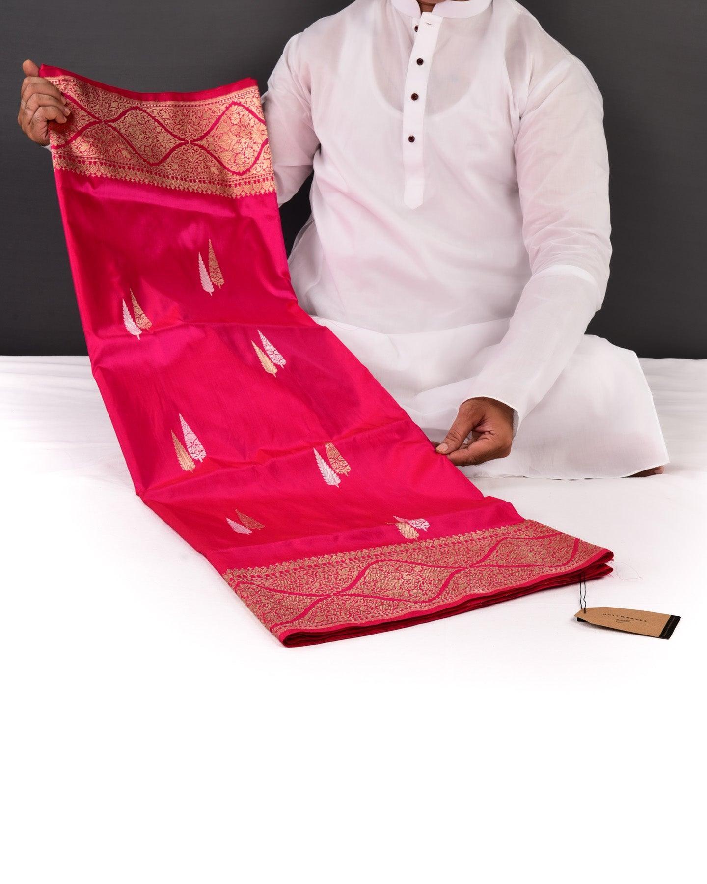 Red-Pink Banarasi Sona-Rupa Deodara Buti Kadhuan Brocade Handwoven Katan Silk Saree - By HolyWeaves, Benares