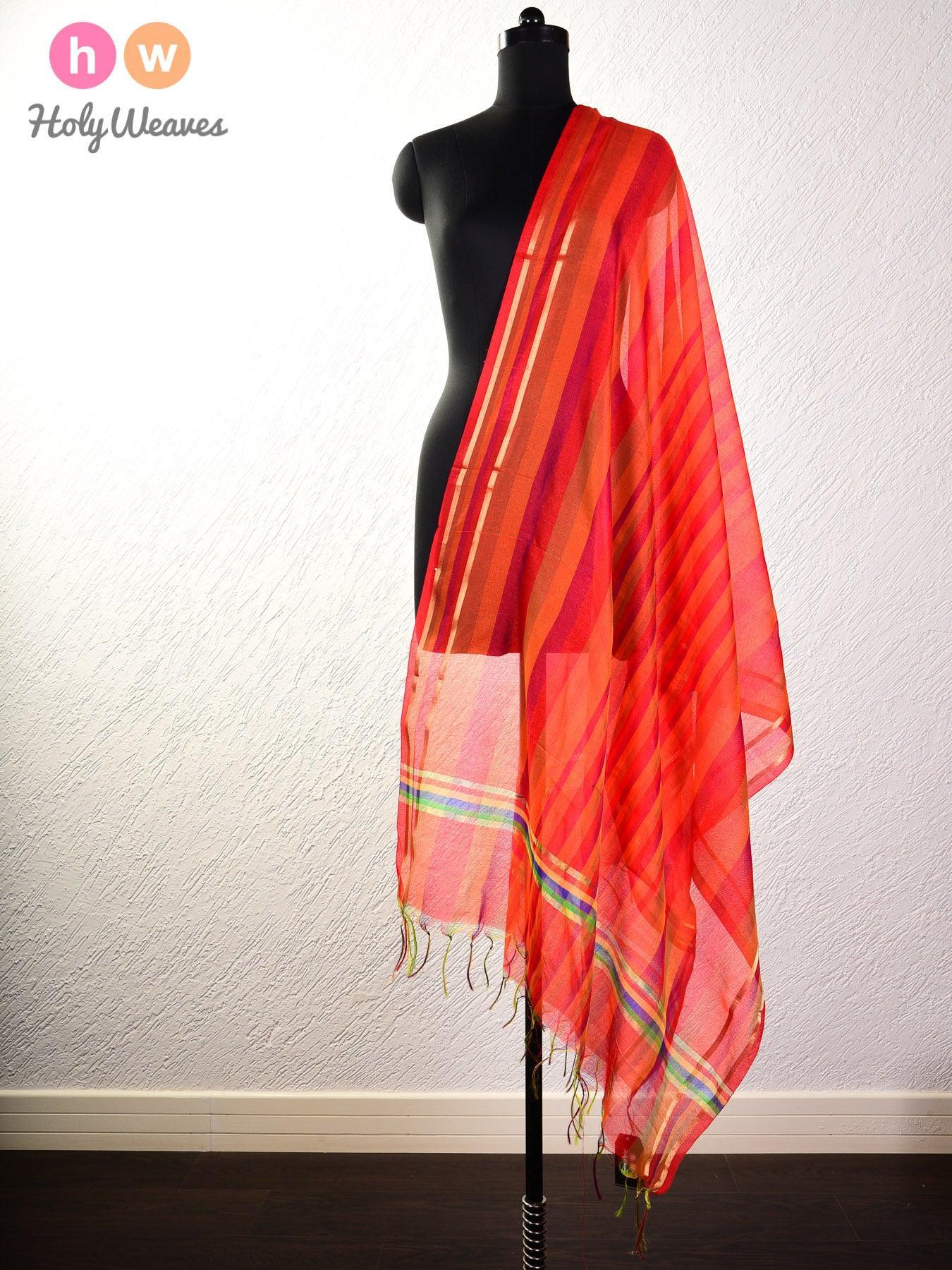 Red Roman Stripes Woven Cotton Silk Dupatta - By HolyWeaves, Benares