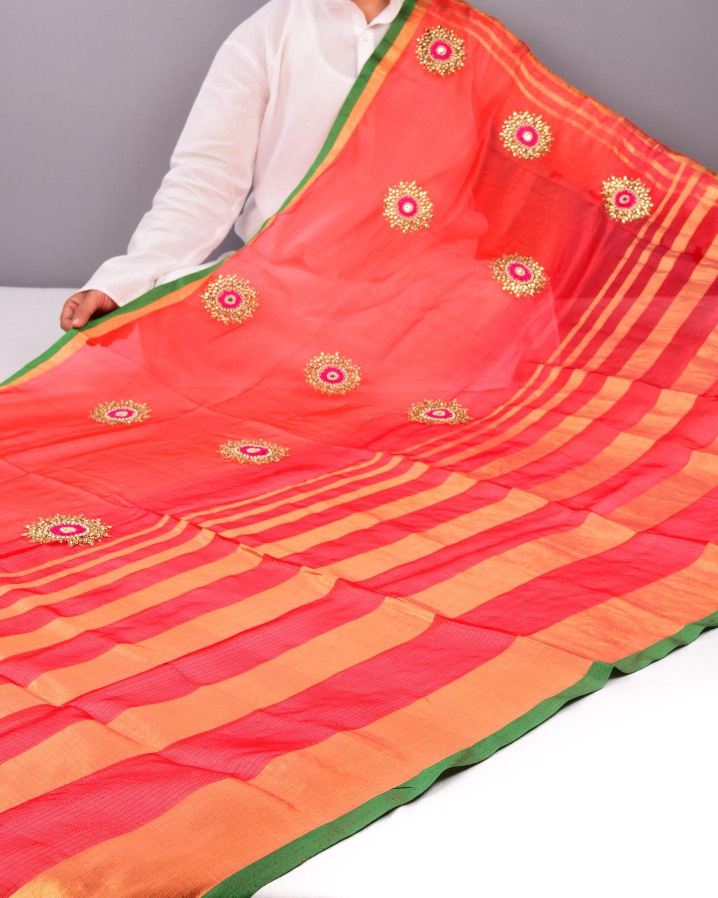 Red Silk Kota Embroidered Saree - By HolyWeaves, Benares