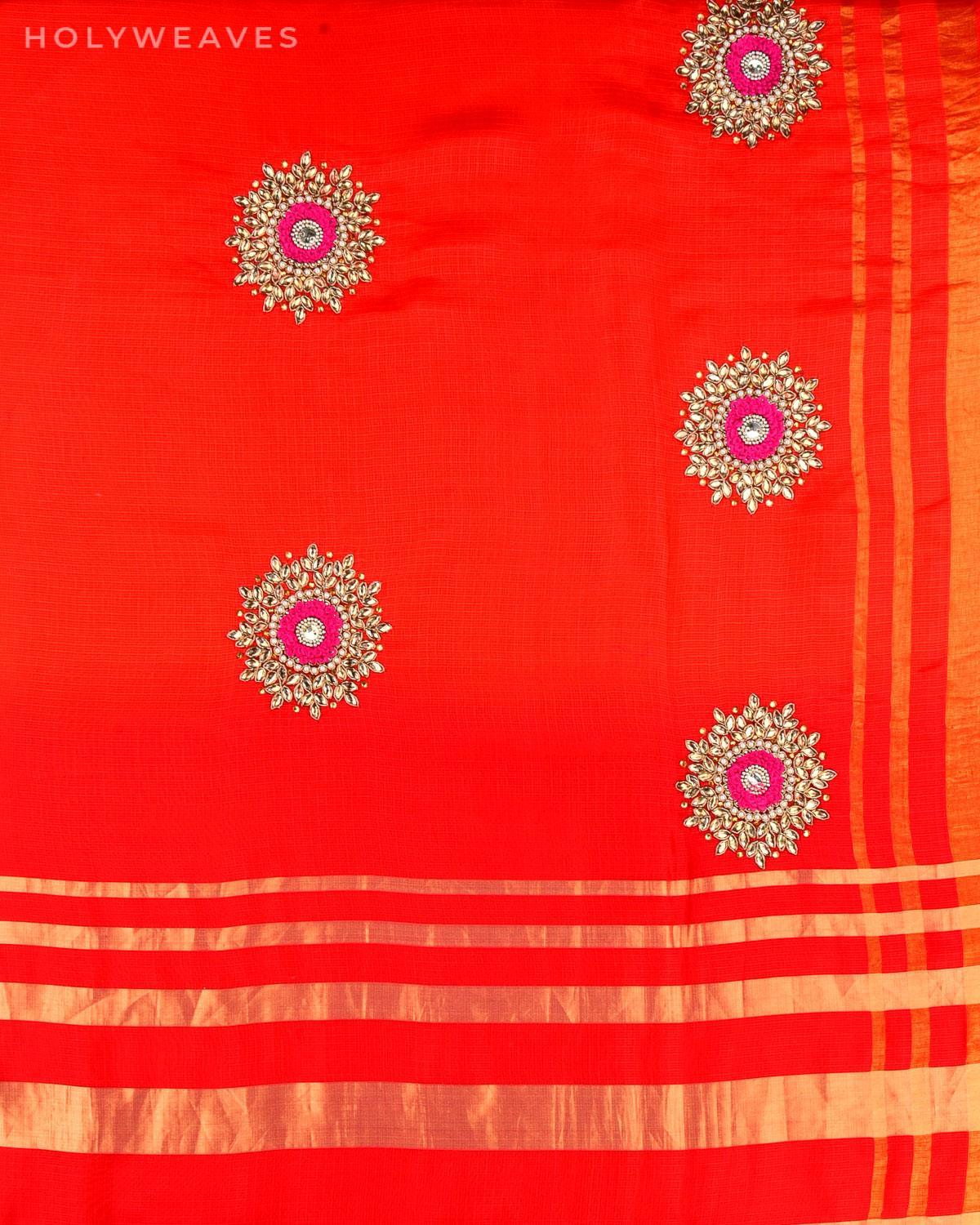 Red Silk Kota Embroidered Saree - By HolyWeaves, Benares