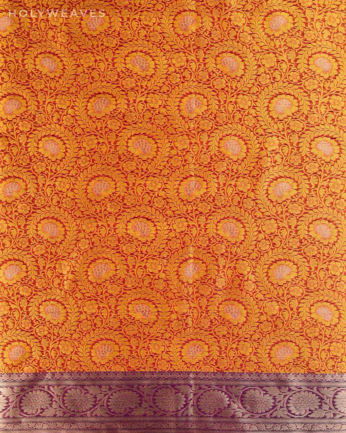 Red-Yellow Floral Jangla Cutwork Brocade Woven Art Cotton Silk Saree - By HolyWeaves, Benares