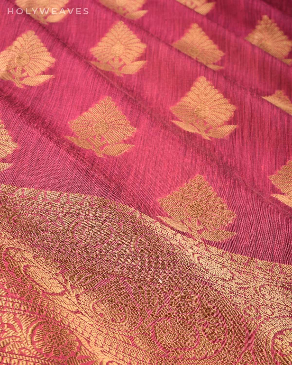 Redwood Banarasi Antique Zari Cutwork Brocade Woven Cotton Silk Saree with Black Brocade Blouse Piece - By HolyWeaves, Benares