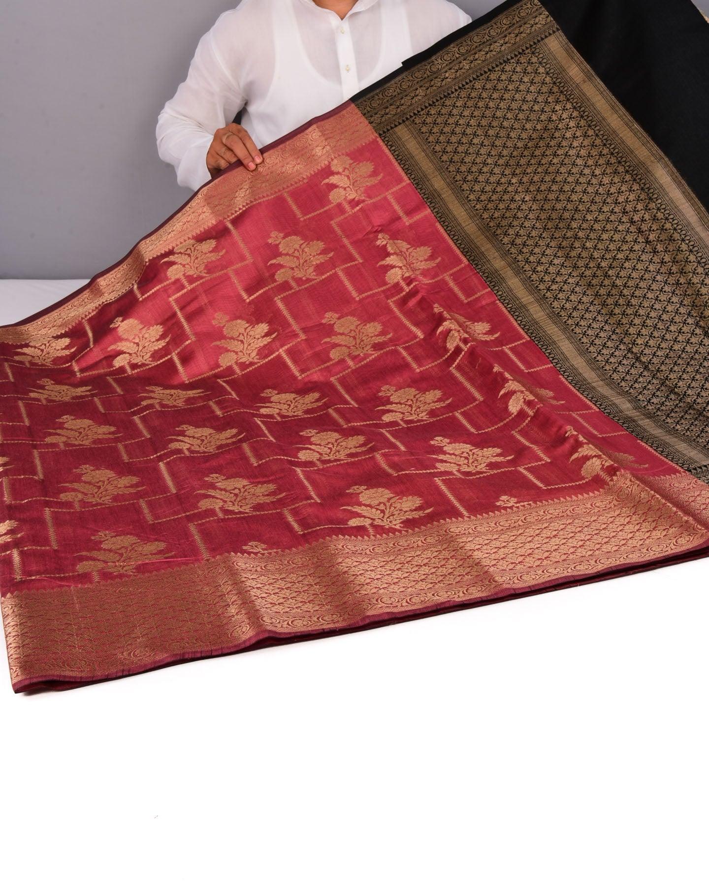 Redwood Banarasi Geometric Grids Cutwork Brocade Woven Cotton Silk Saree - By HolyWeaves, Benares