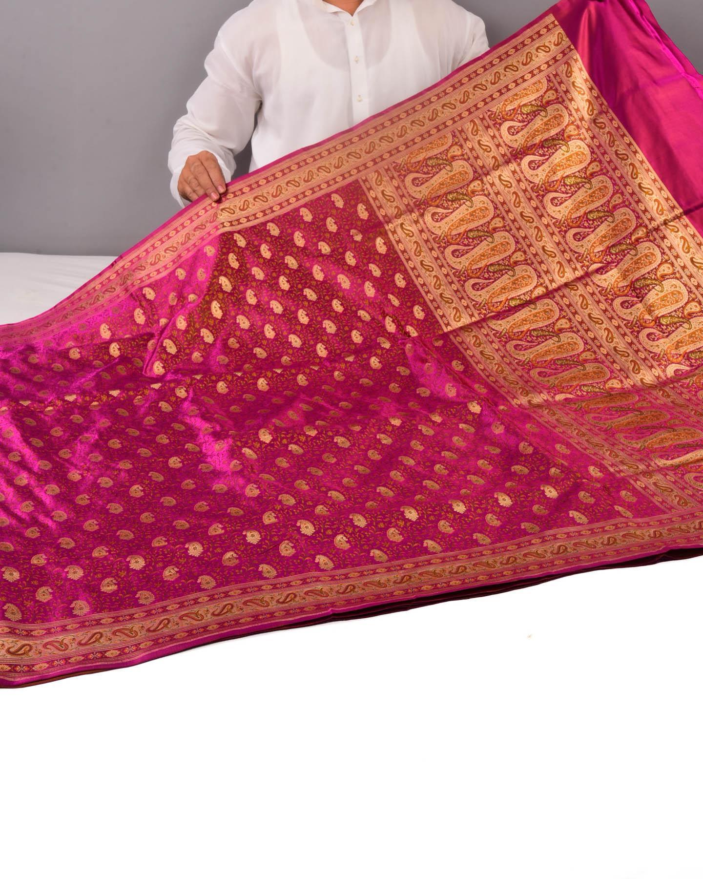 Regal Magenta Banarasi Tehri Jamawar Brocade Handwoven Katan Silk Saree with Zari Accents - By HolyWeaves, Benares