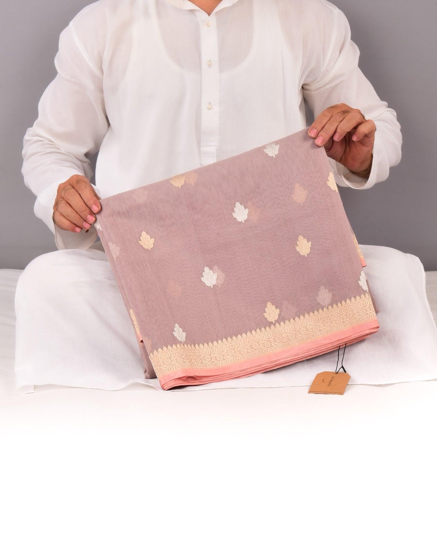 Rose Gray Banarasi Buti Kadhuan Brocade Handwoven Cotton Silk Saree - By HolyWeaves, Benares