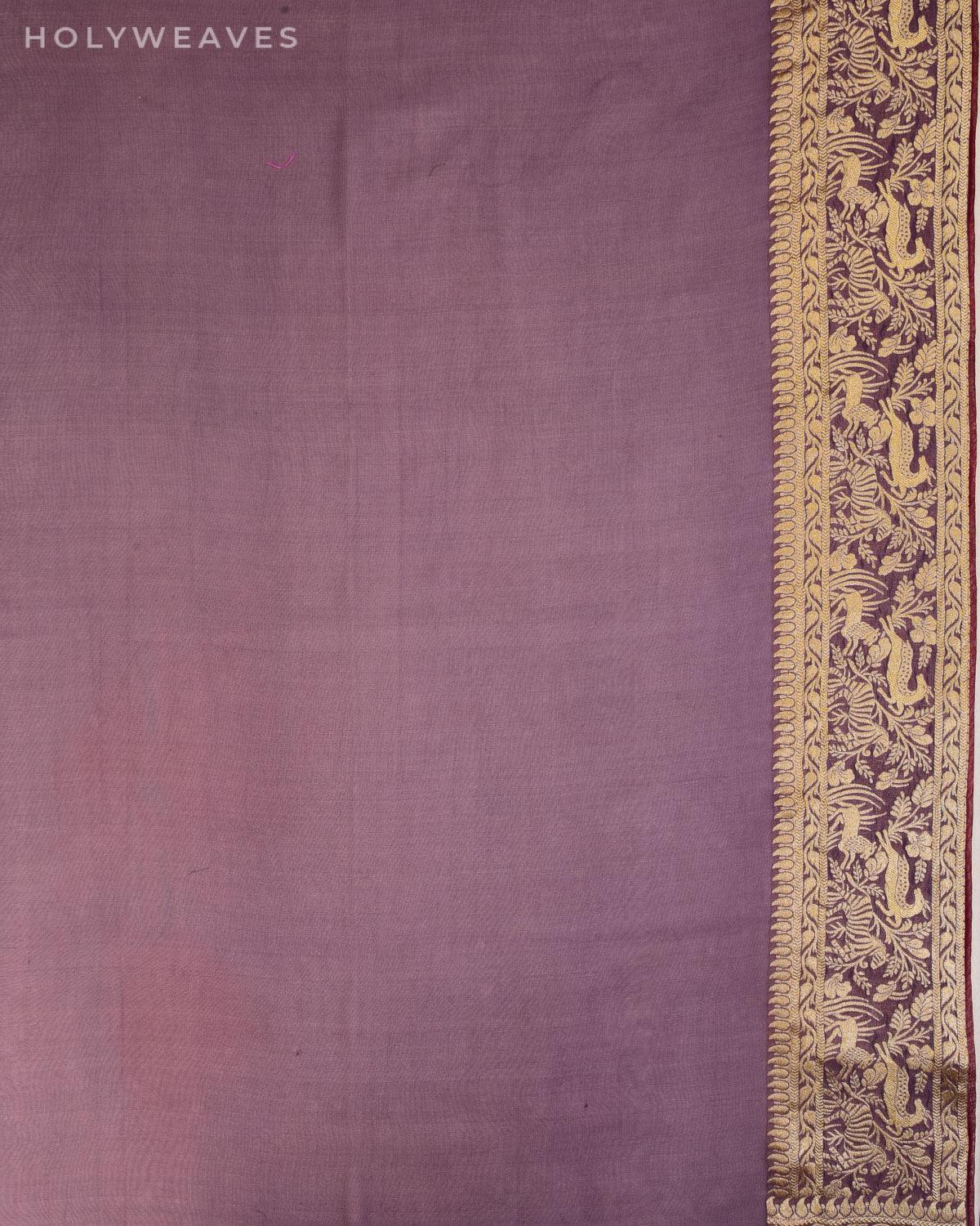 Rose Gray Banarasi Shikargah Cutwork Brocade Handwoven Khaddi Georgette Saree with Maroon Lining - By HolyWeaves, Benares