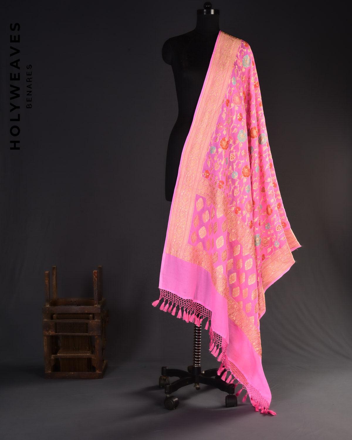Rose Pink Banarasi Meena Jaal Alfi (अल्फ़ी) Cutwork Brocade Woven Khaddi (खड्डी) Georgette Dupatta - By HolyWeaves, Benares
