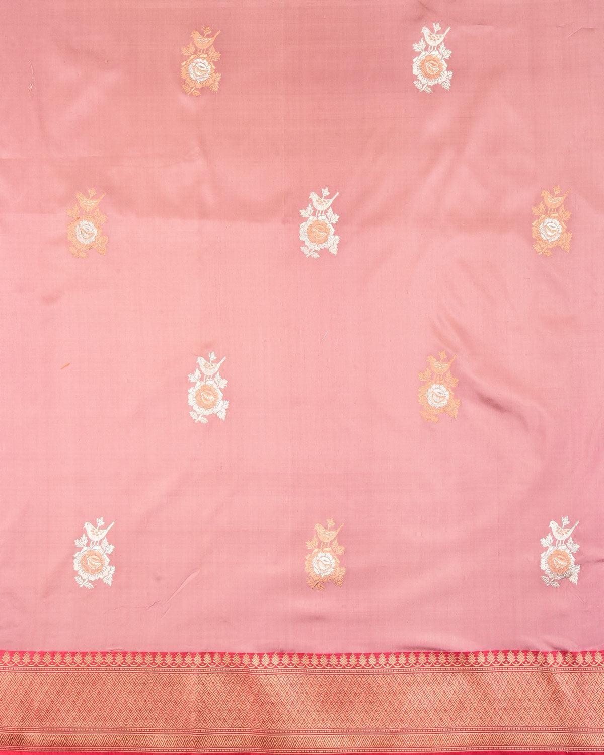 Rosy Brown Banarasi Bird & Rose Kadhuan Brocade Handwoven Katan Silk Saree - By HolyWeaves, Benares