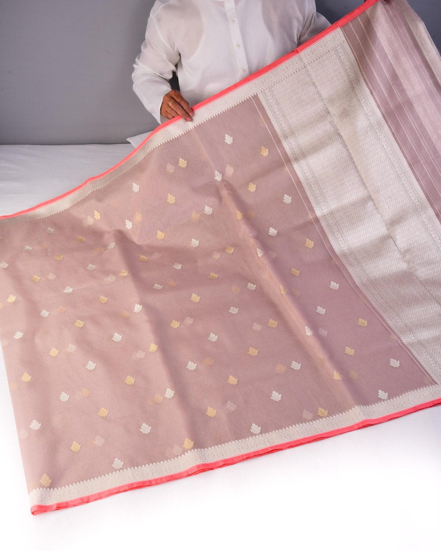 Rosy Brown Banarasi Buti Sona Rupa Kadhuan Brocade Handwoven Kora Silk Saree - By HolyWeaves, Benares