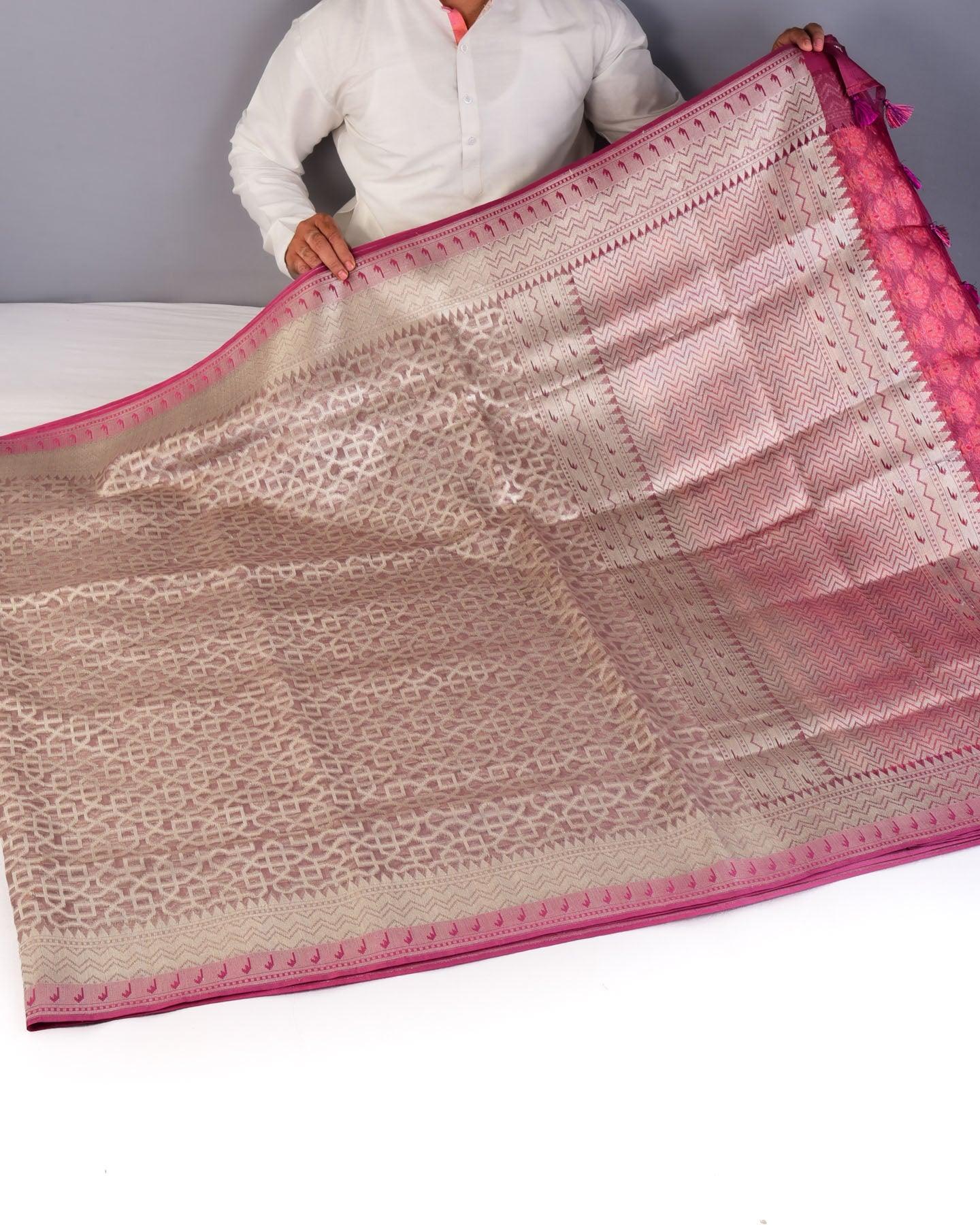 Rosy Brown Banarasi Geometric Grids Silver Zari Cutwork Brocade Handwoven Kora Silk Saree with Brocade Blouse Piece - By HolyWeaves, Benares