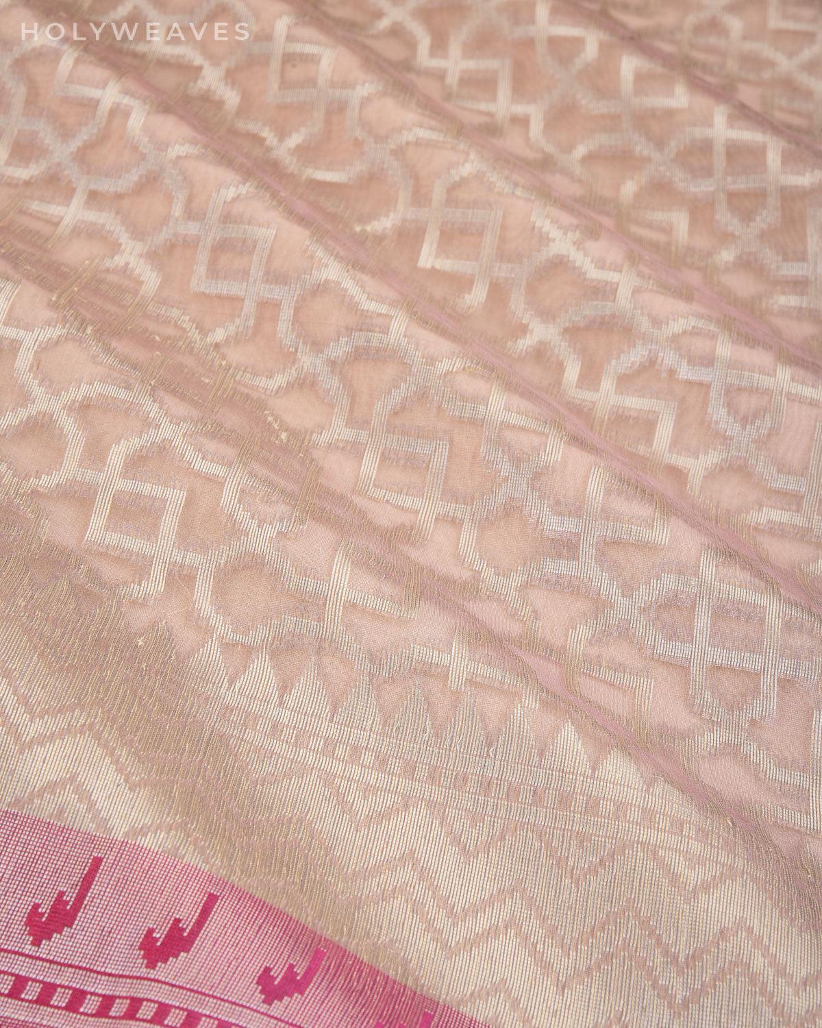 Rosy Brown Banarasi Geometric Grids Silver Zari Cutwork Brocade Handwoven Kora Silk Saree with Brocade Blouse Piece - By HolyWeaves, Benares