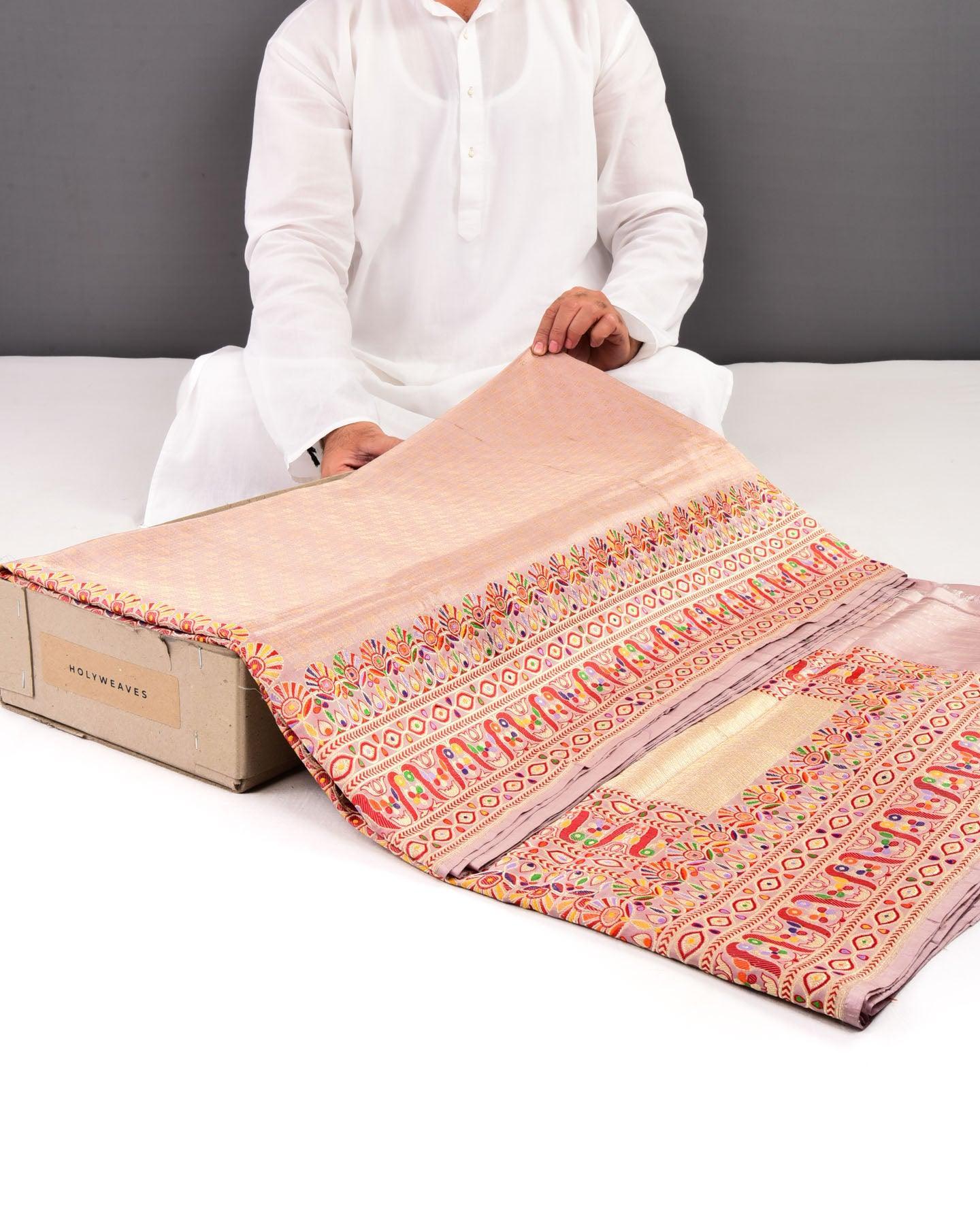 Rosy Brown Banarasi Kadhuan Brocade Handwoven Katan Silk Saree with Madhubani Bel Border - By HolyWeaves, Benares
