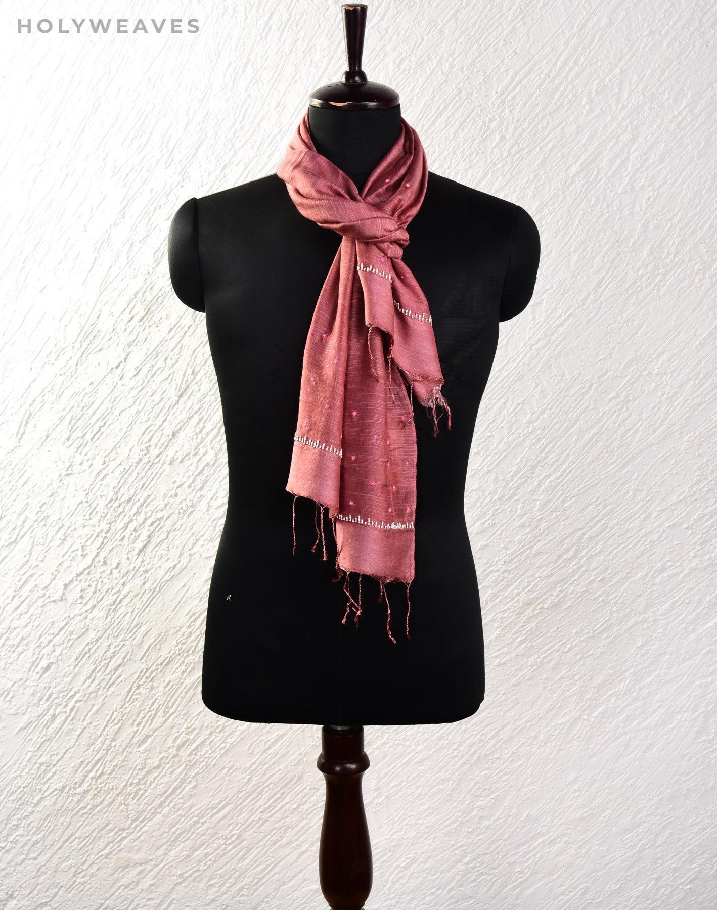 Rosy Brown Hand-embroidered Cotton Silk Scarf 72"x22" - By HolyWeaves, Benares