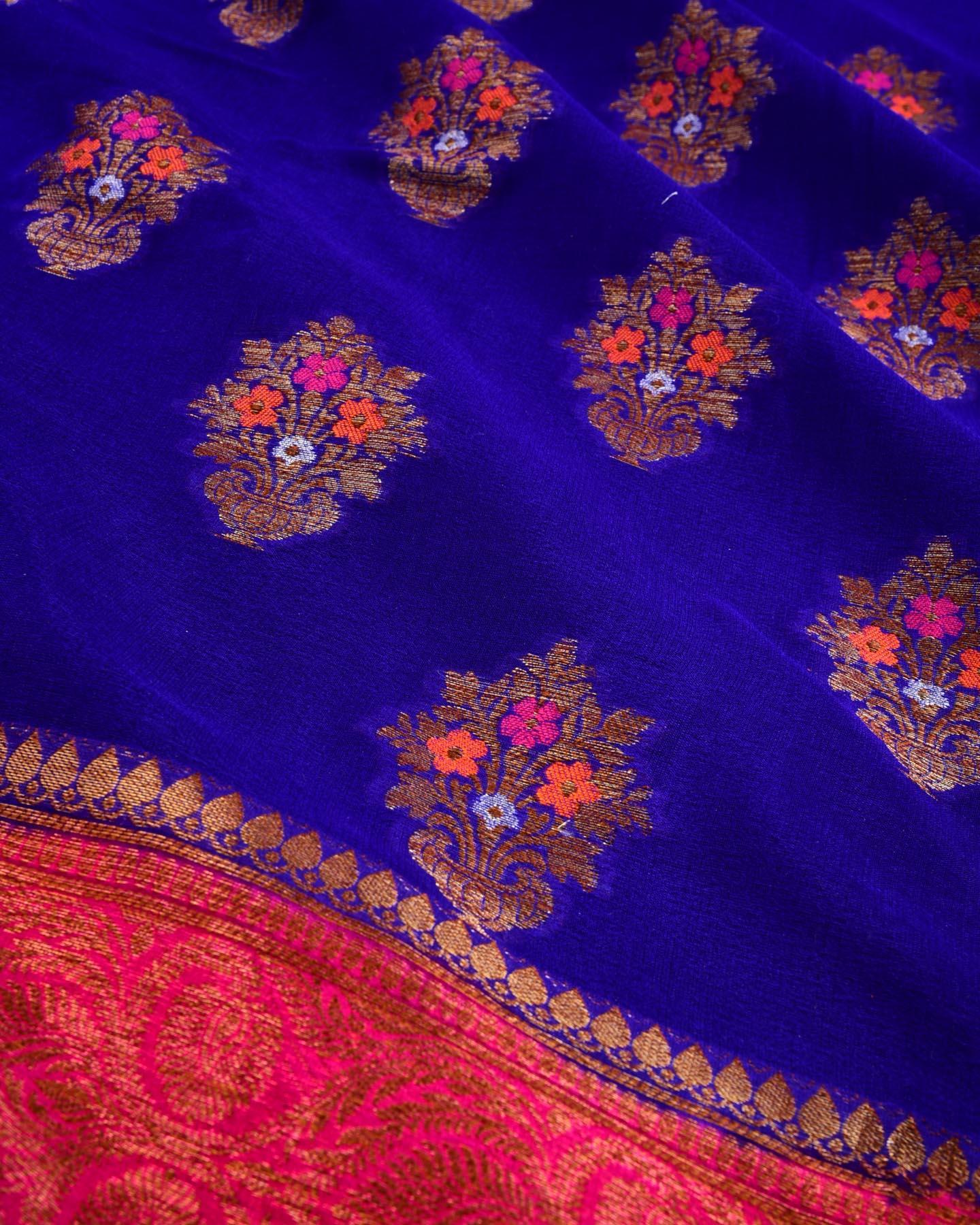 Royal Blue Banarasi 4-color Buta Cutwork Brocade Woven Khaddi Georgette Saree - By HolyWeaves, Benares