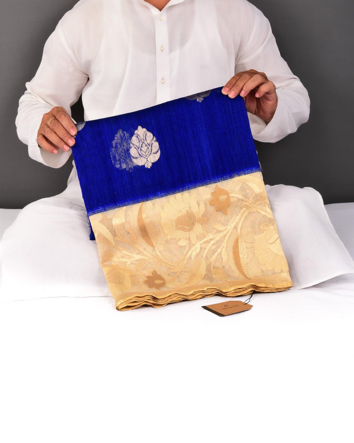 Royal Blue Banarasi Buta Kadhuan Brocade Handwoven Raw Silk Net Saree with Kadiyal Tissue Border - By HolyWeaves, Benares