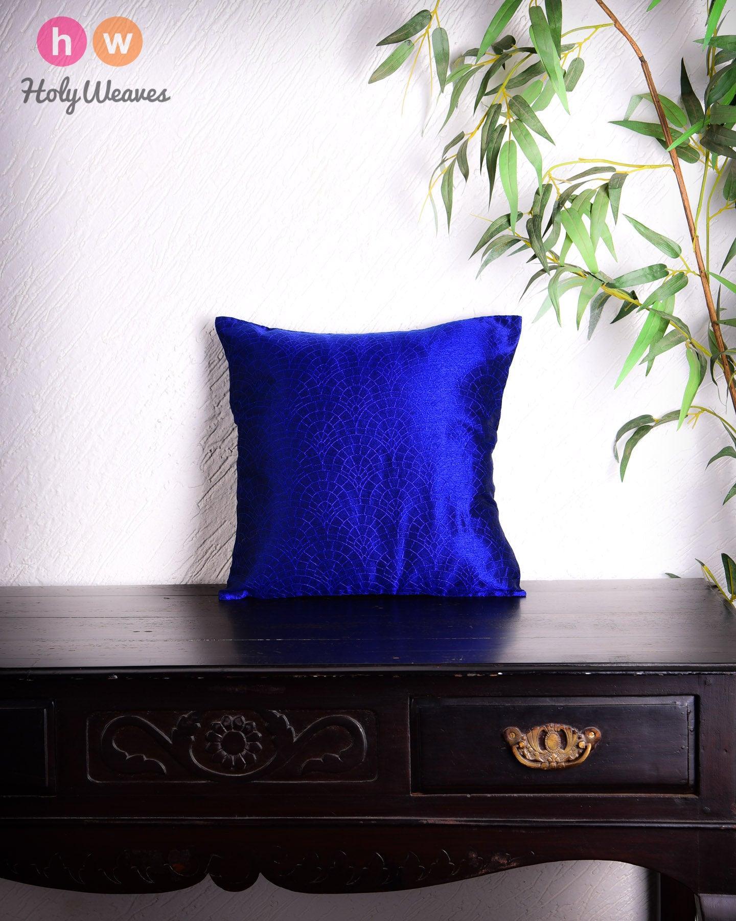 Royal Blue Banarasi Cobble Tanchoi Poly Dupion Cushion Cover 16" - By HolyWeaves, Benares