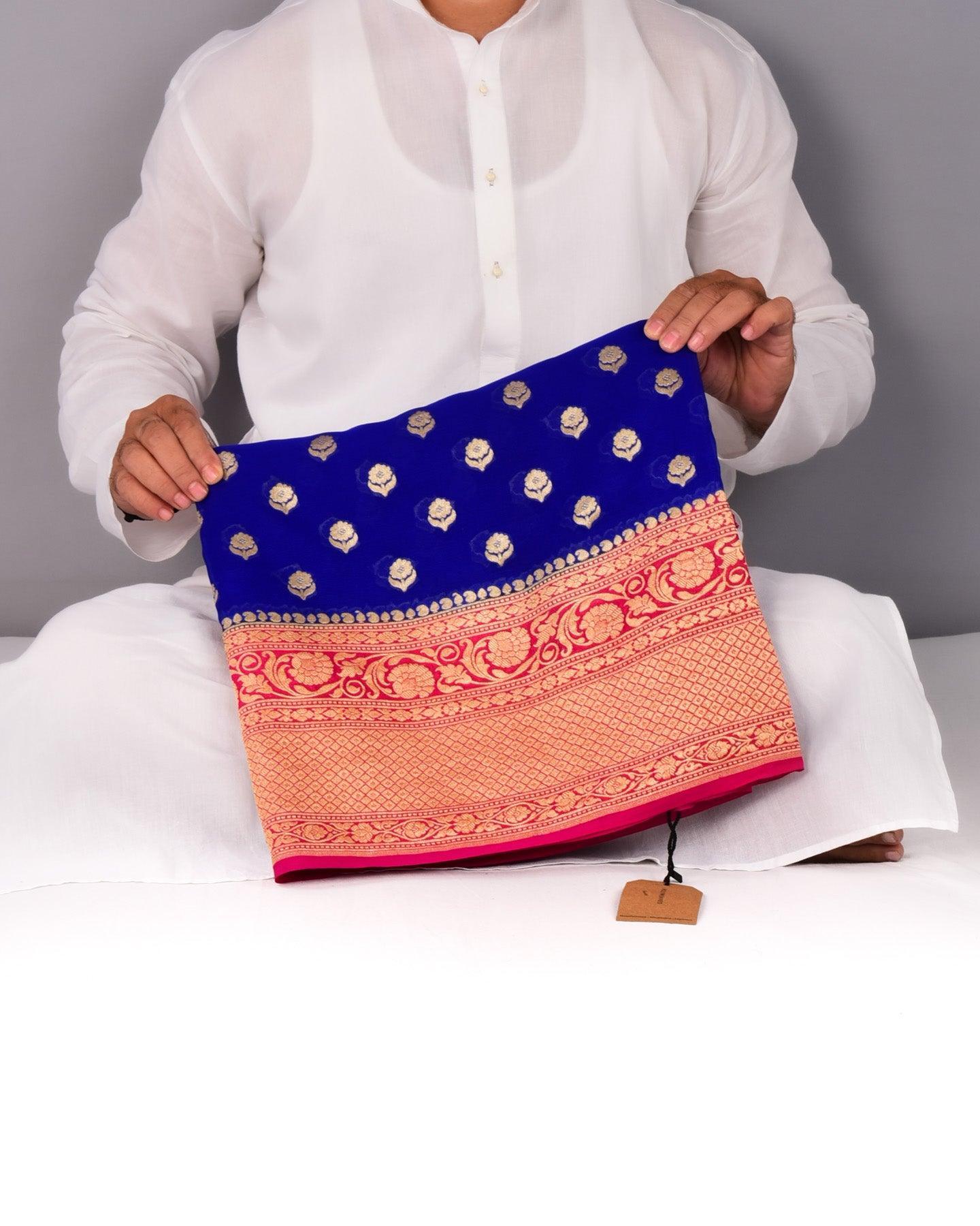 Royal Blue Banarasi Cutwork Brocade Handwoven Khaddi Georgette Saree with Contrast Pink Border Pallu - By HolyWeaves, Benares