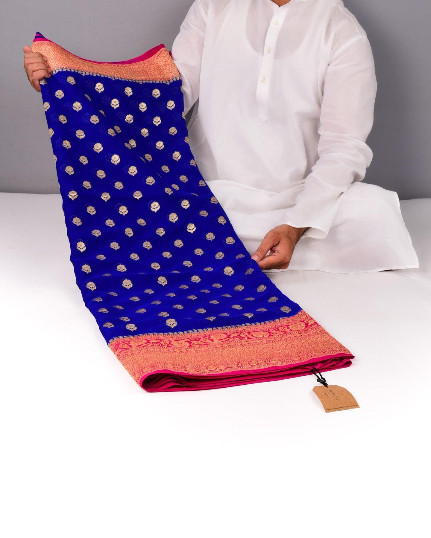 Royal Blue Banarasi Cutwork Brocade Handwoven Khaddi Georgette Saree with Contrast Pink Border Pallu - By HolyWeaves, Benares