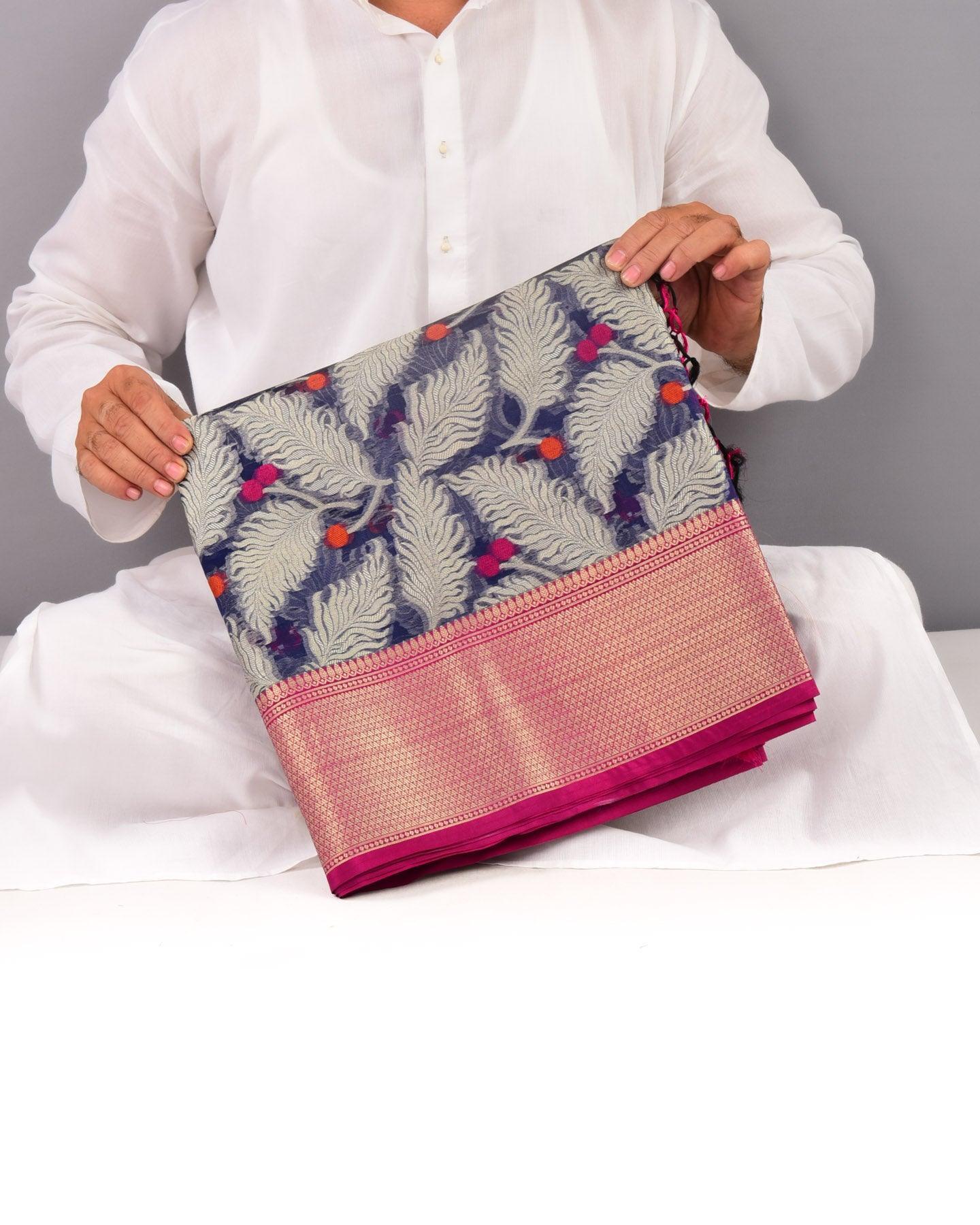 Royal Blue Banarasi Feather Cutwork Brocade Woven Art Cotton Silk Saree - By HolyWeaves, Benares