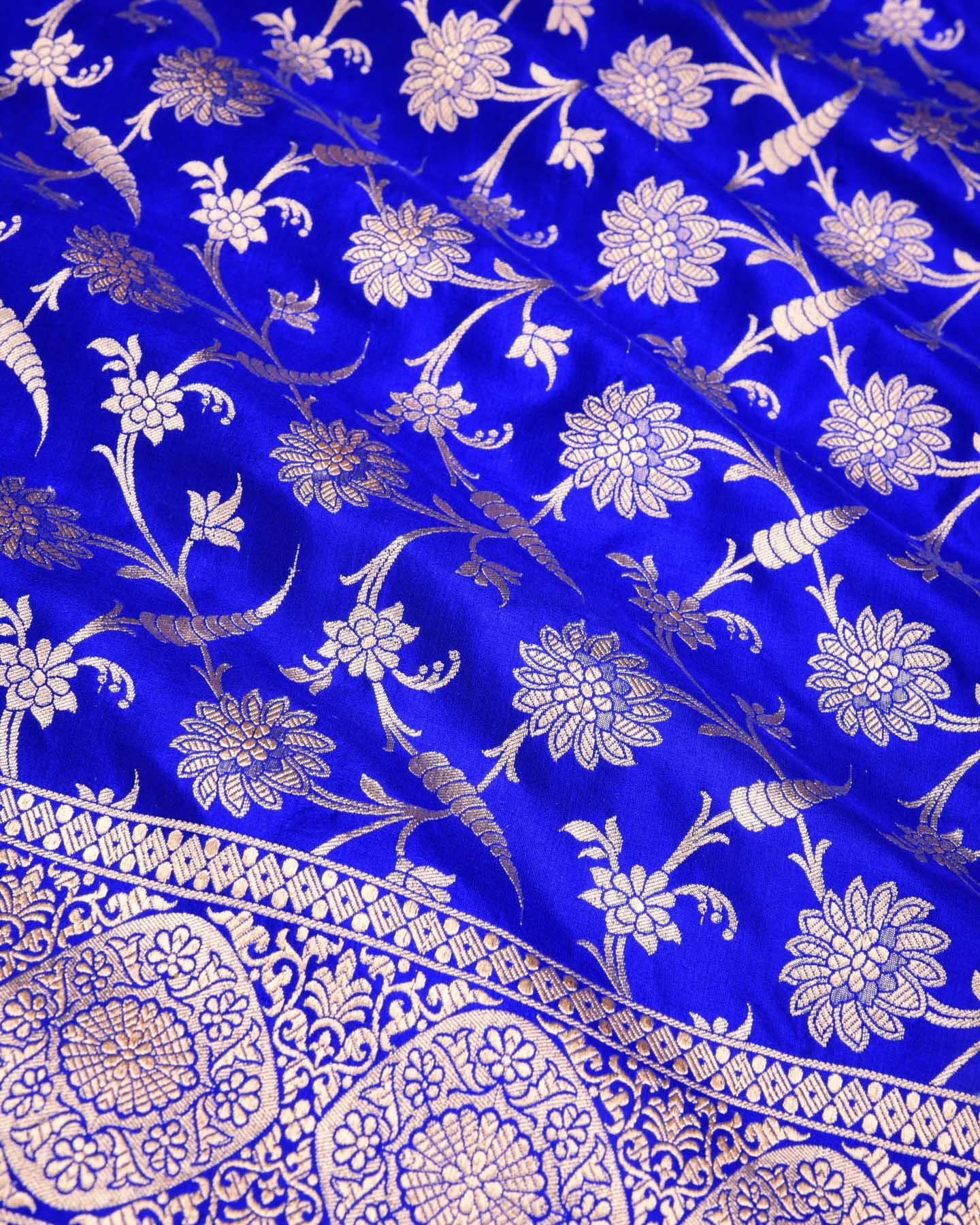 Royal Blue Banarasi Floral Jaal Gold Zari Cutwork Brocade Handwoven Katan Silk Saree - By HolyWeaves, Benares