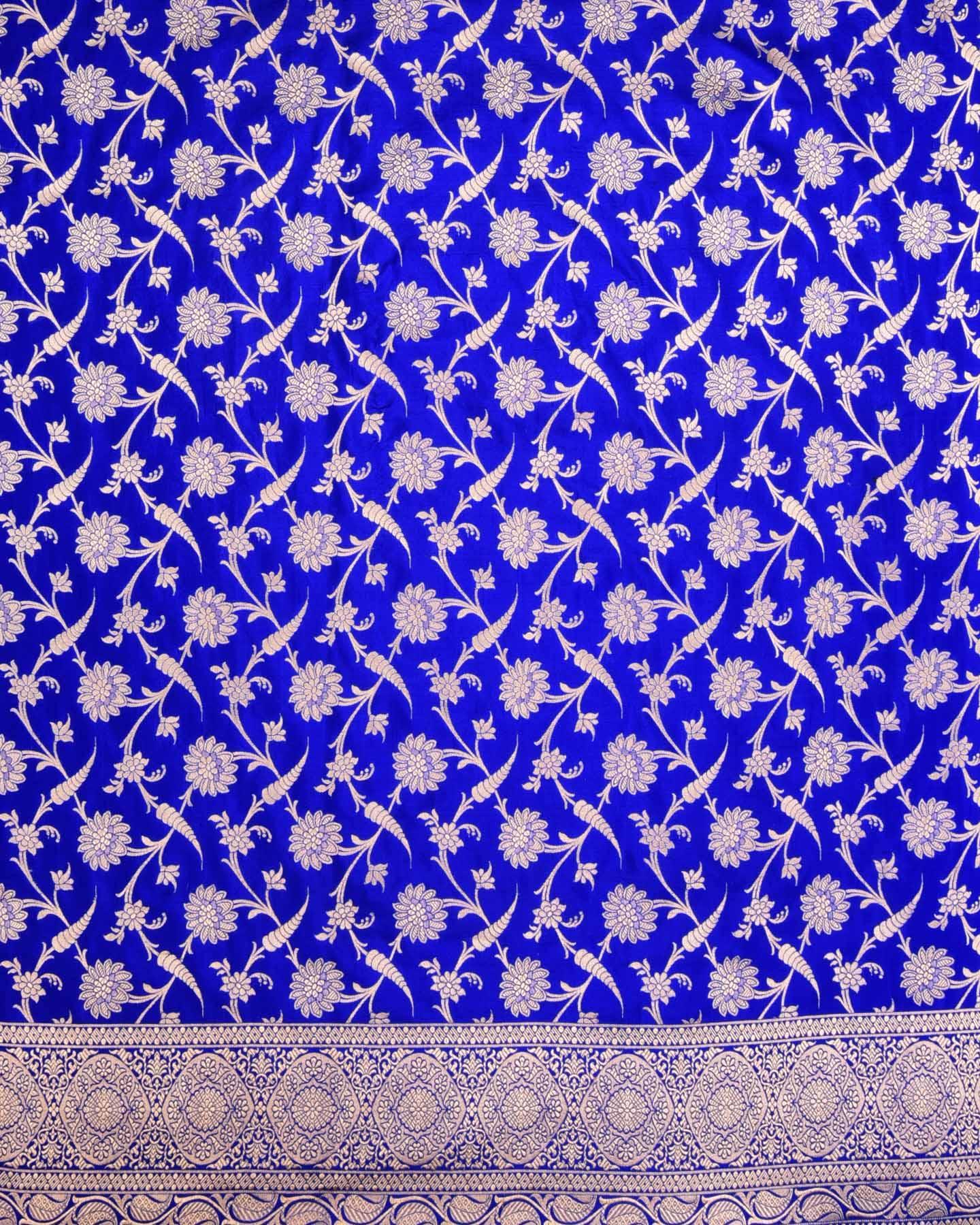 Royal Blue Banarasi Floral Jaal Gold Zari Cutwork Brocade Handwoven Katan Silk Saree - By HolyWeaves, Benares