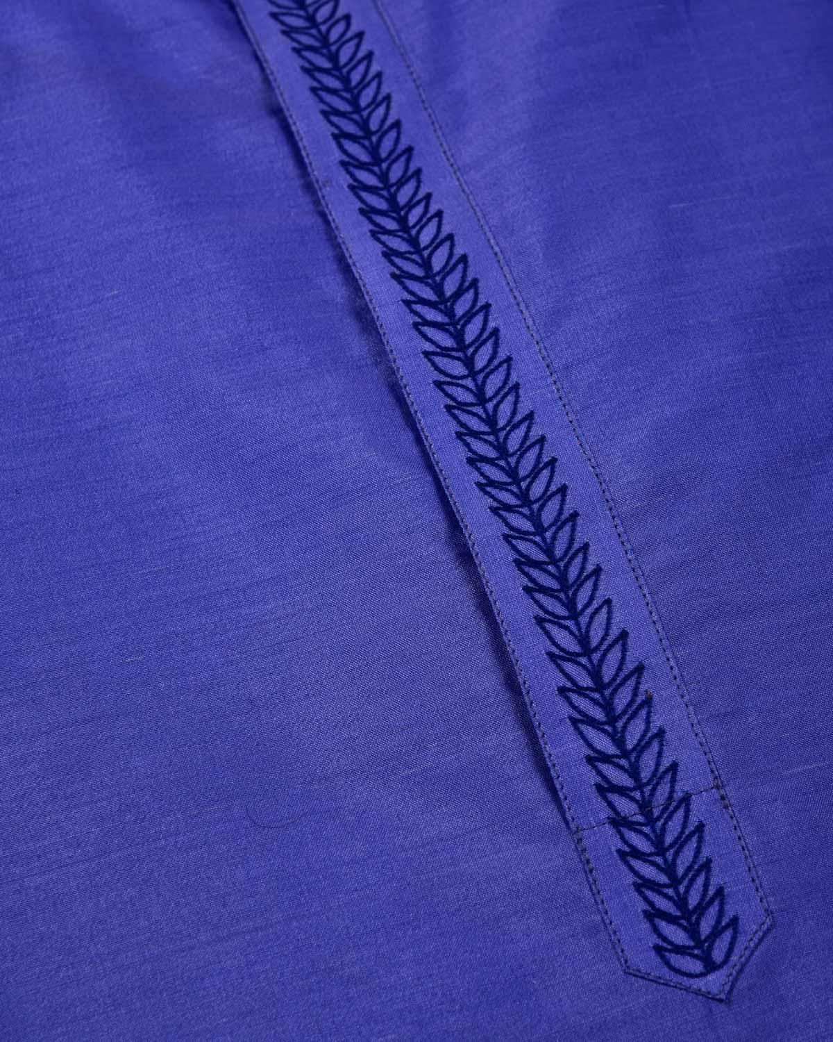 Royal Blue Banarasi Hand Embroidered Spun Silk Mens Kurta Pyjama - By HolyWeaves, Benares