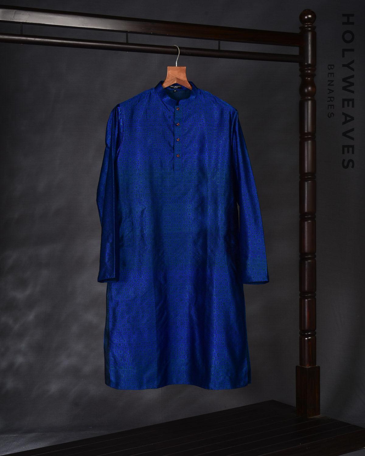 Royal Blue Banarasi Mosaic Alfi Resham Tanchoi Handwoven Katan Silk Mens Kurta Pyjama - By HolyWeaves, Benares