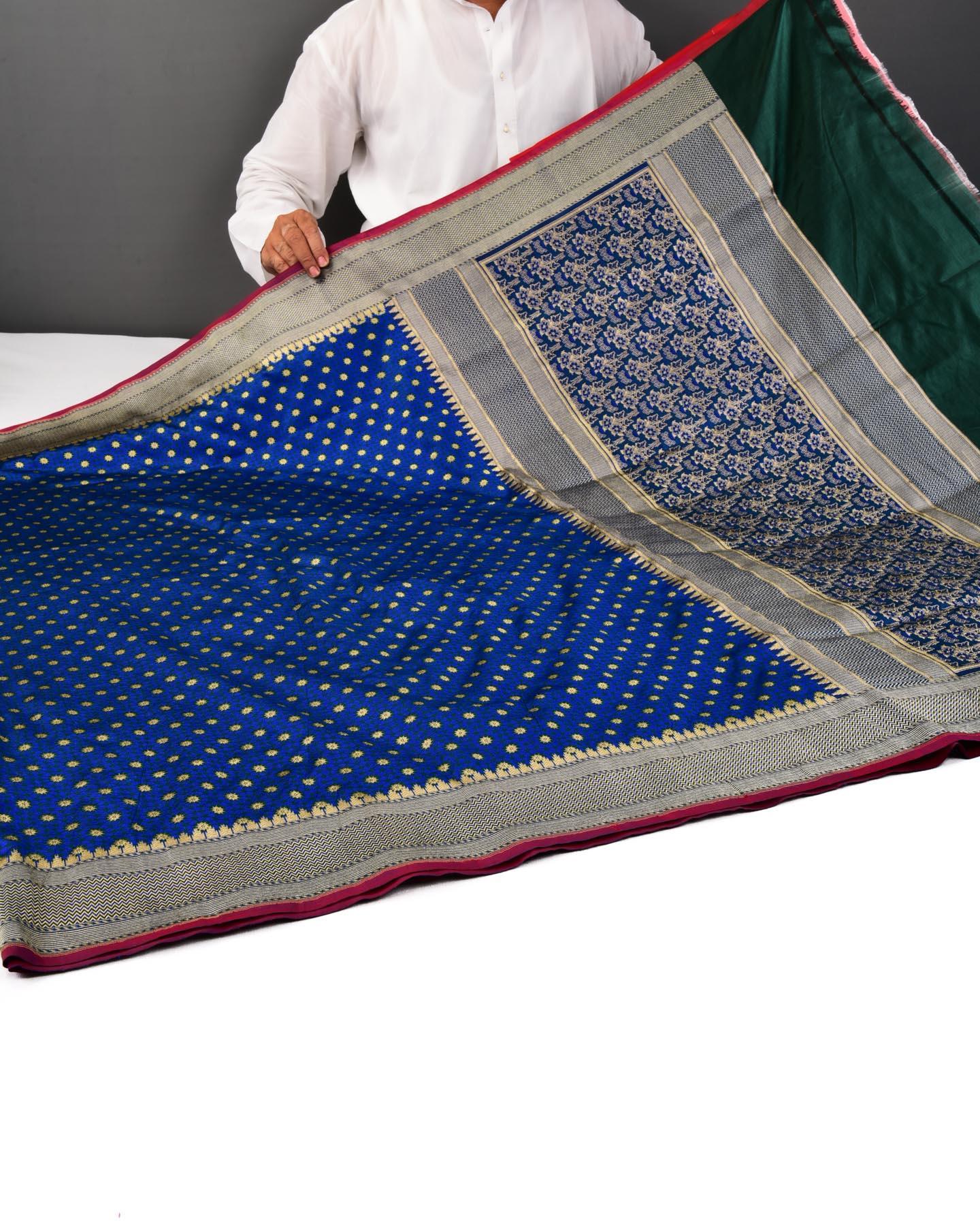 Royal Blue Banarasi Starry Mosaic Tanchoi Brocade Handwoven Katan Silk Saree - By HolyWeaves, Benares