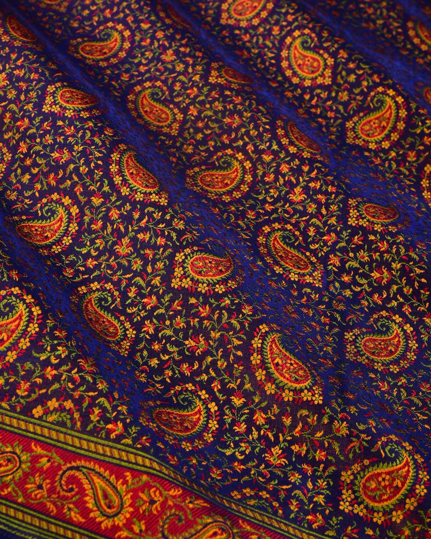 Royal Blue Banarasi Tehri Jamawar Handwoven Katan Silk Saree - By HolyWeaves, Benares