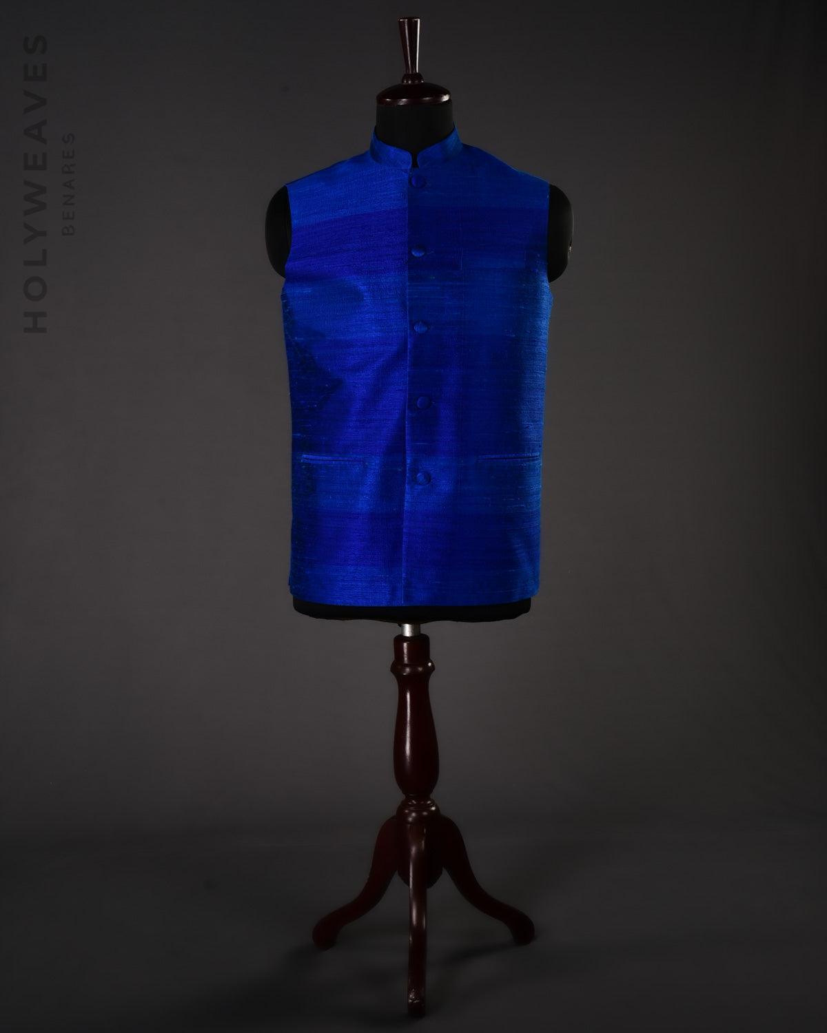 Royal Blue Banarasi Textured Handwoven Raw Silk Mens Modi Jacket - By HolyWeaves, Benares