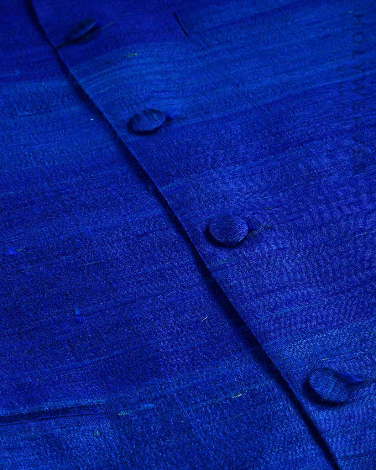 Royal Blue Banarasi Textured Handwoven Raw Silk Mens Modi Jacket - By HolyWeaves, Benares