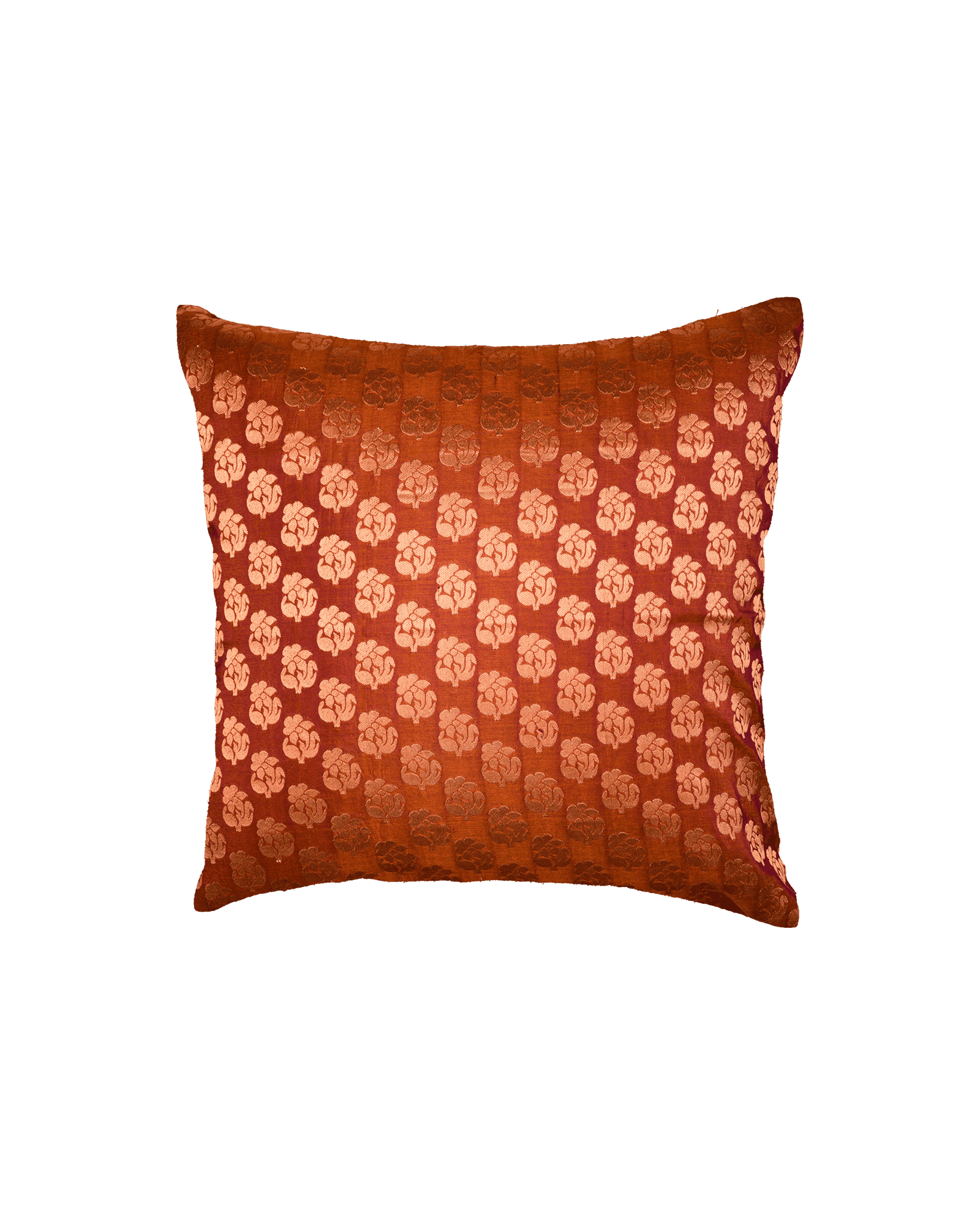 Russet Brown Banarasi Handloom Zari Buti Silk Cushion Cover 16" - By HolyWeaves, Benares