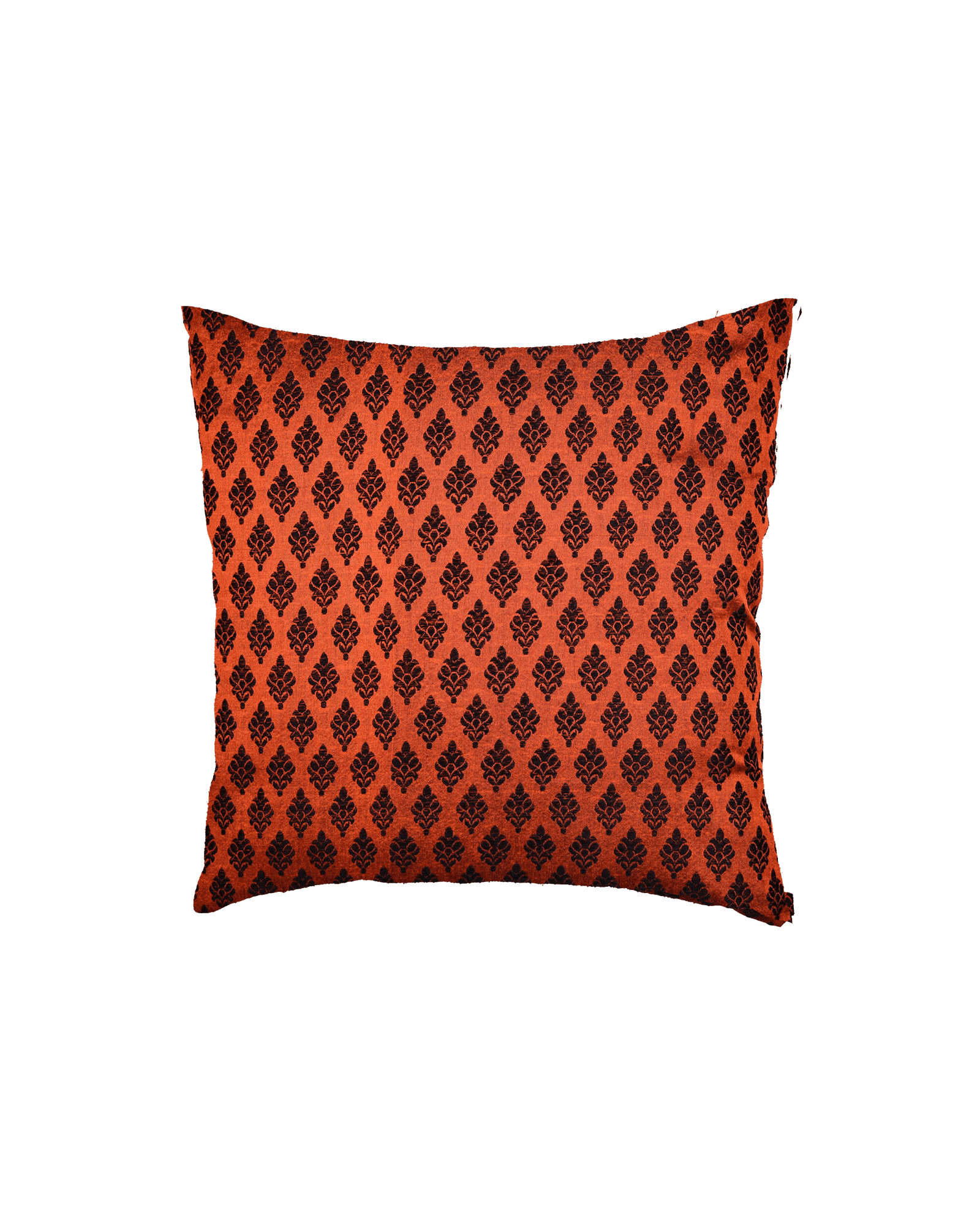 Rust Banarasi Damask Buti Poly Silk Cushion Cover 16" - By HolyWeaves, Benares