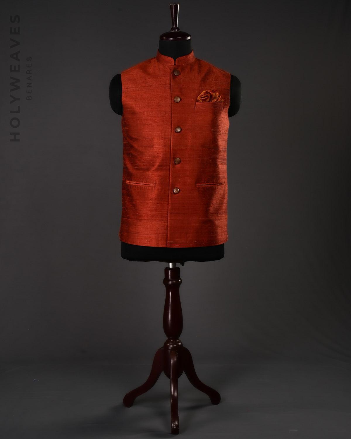 Rust Banarasi Textured Handwoven Raw Silk Mens Modi Jacket - By HolyWeaves, Benares