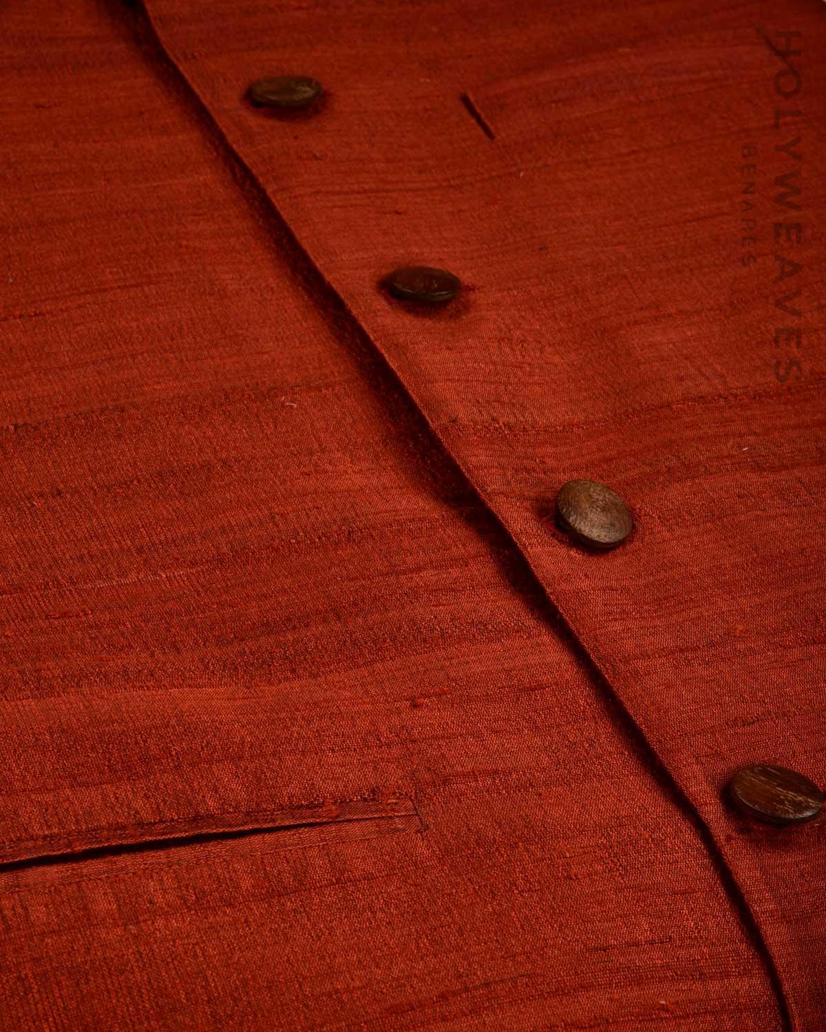 Rust Banarasi Textured Handwoven Raw Silk Mens Modi Jacket - By HolyWeaves, Benares