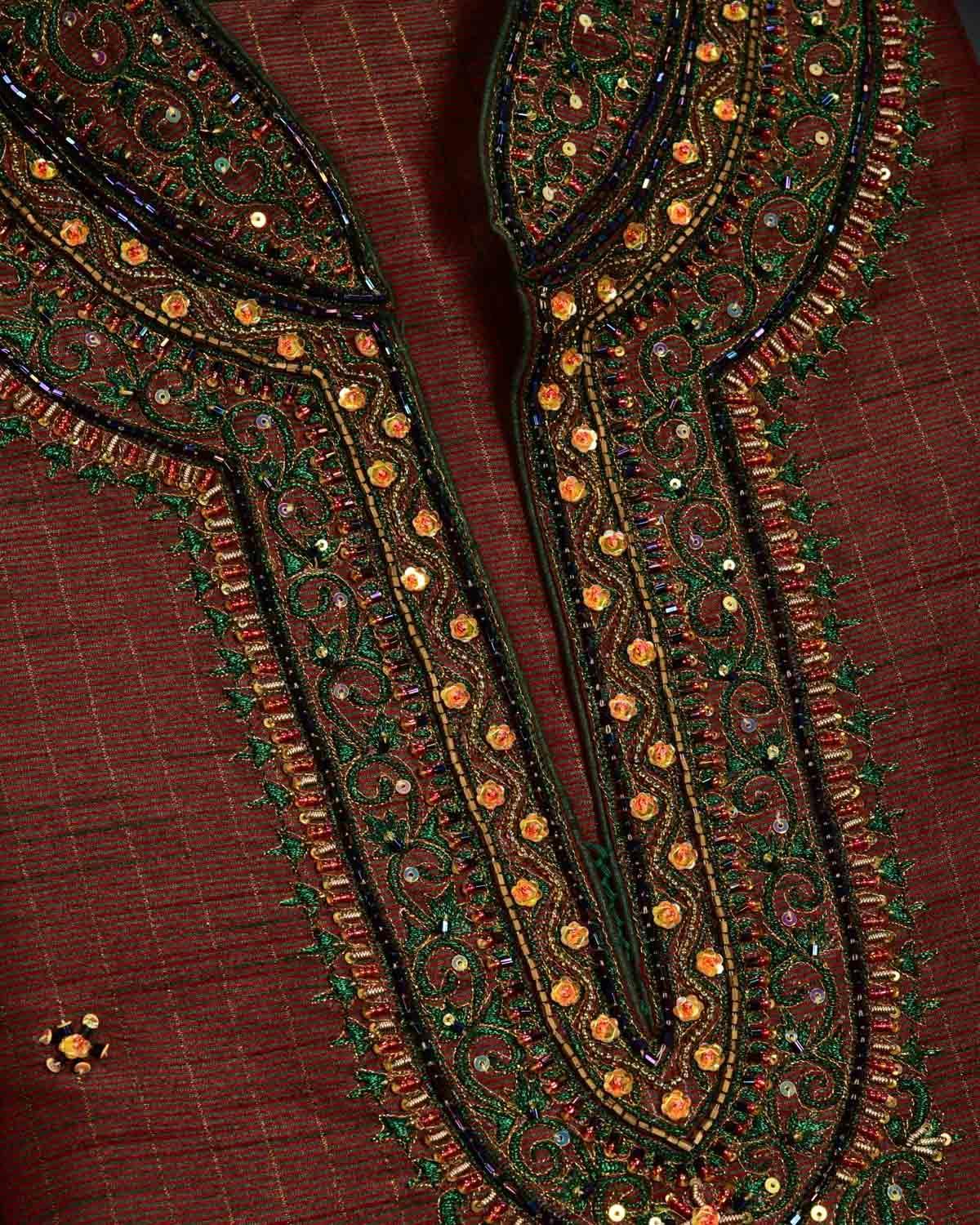Rust Hand-embroidered Art Silk Mens Kurta Pyjama - By HolyWeaves, Benares