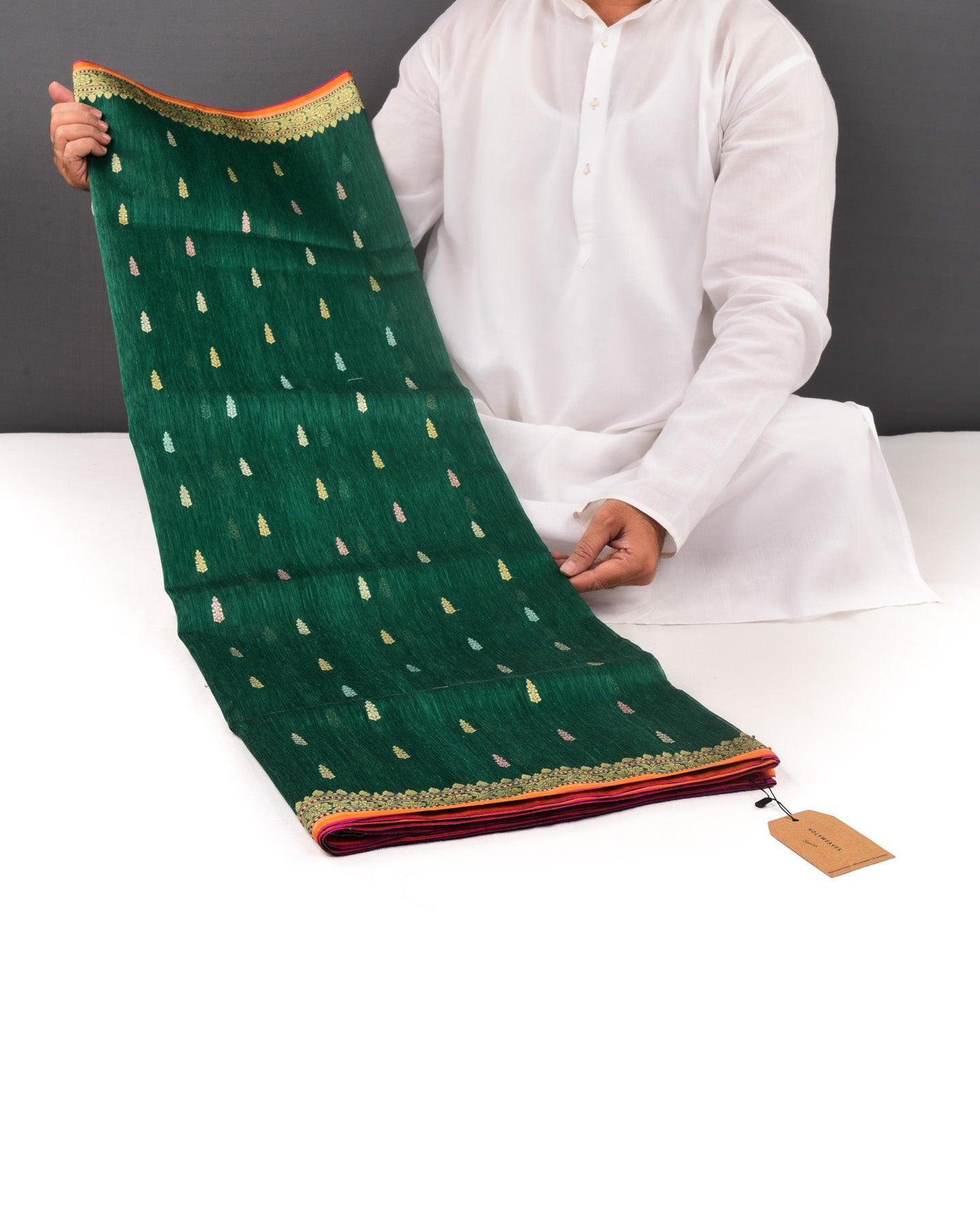 Sacramento Green Banarasi Colored Zari Buti Kadhuan Brocade Handwoven Linen Silk Saree - By HolyWeaves, Benares