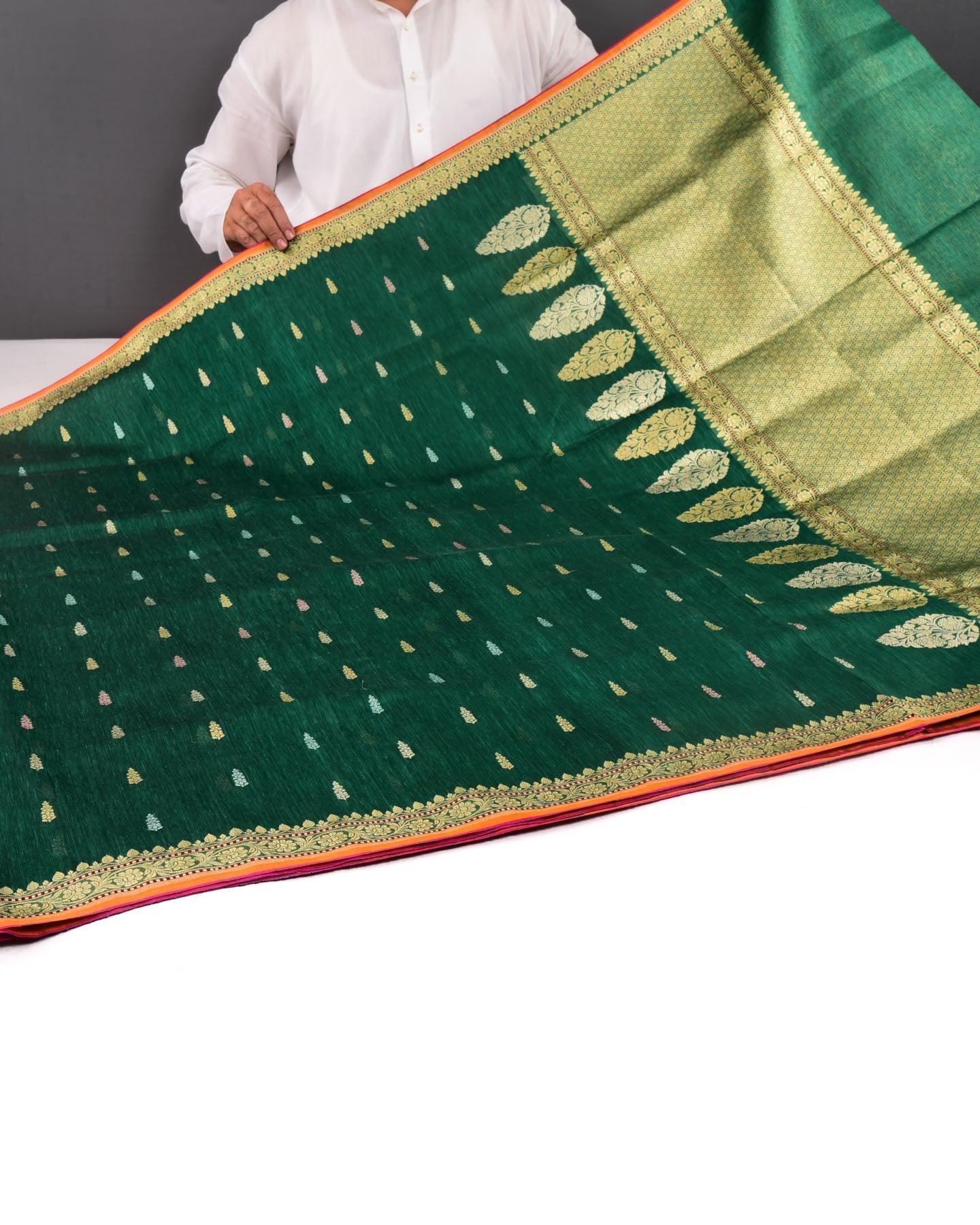Sacramento Green Banarasi Colored Zari Buti Kadhuan Brocade Handwoven Linen Silk Saree - By HolyWeaves, Benares